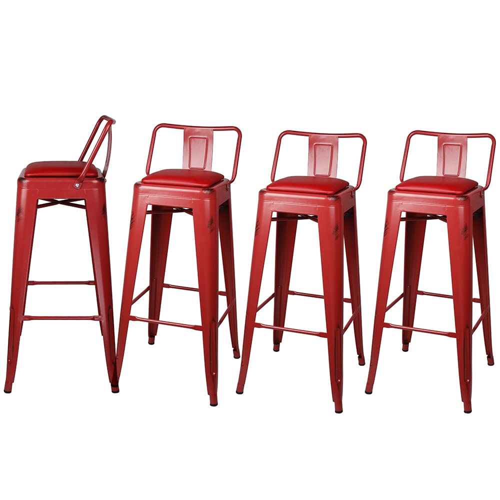 GIA 30-Inch Low-Back Bar Stool Set of 4 - Salmon Red with Red Vegan Leather Seat - Perfect for Kitchen Islands, Breakfast Bars & Home Decor