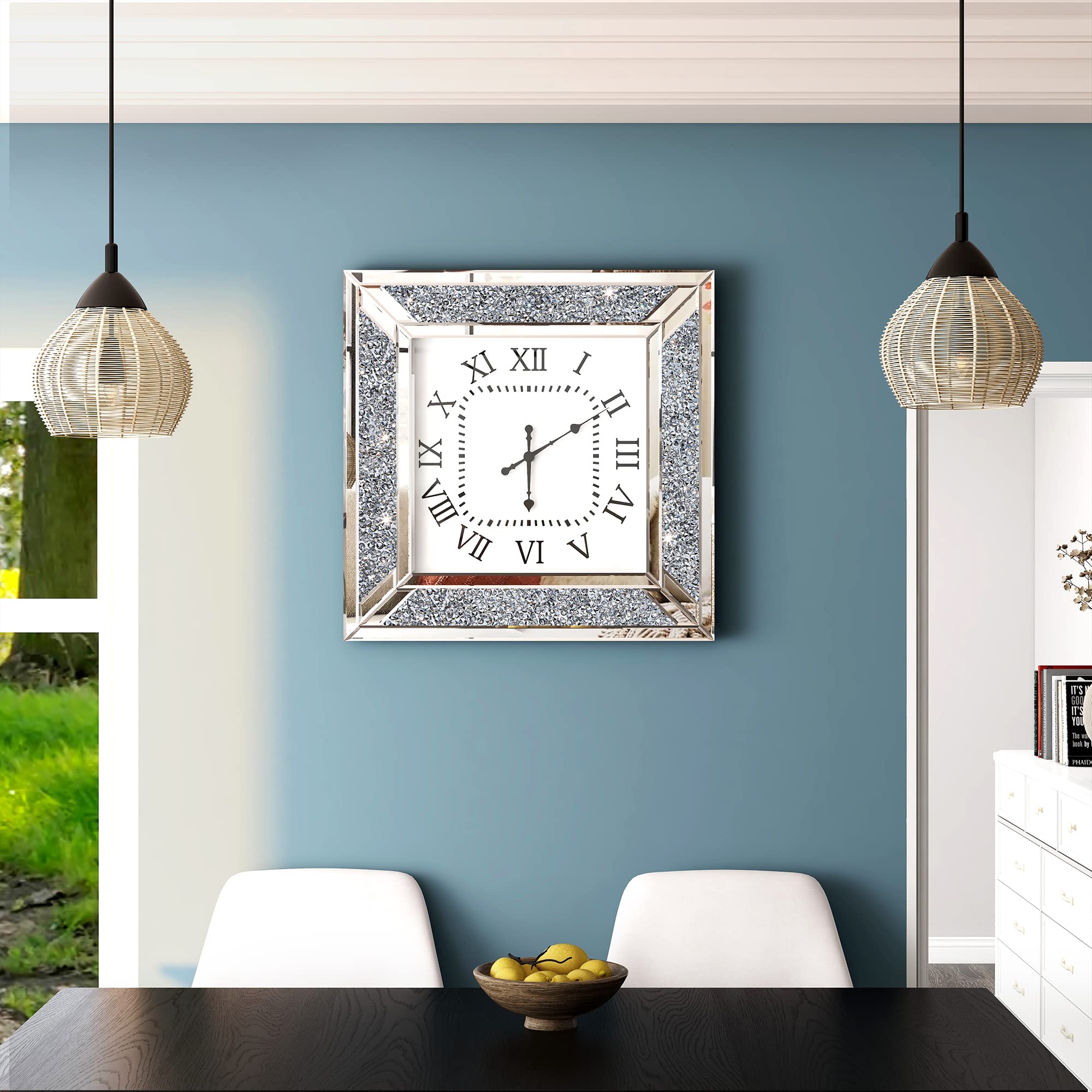 SHYFOY 24 Inch Large Decorative Wall Clock - Modern Mirrored Glass Surface with Crushed Diamond Frame for Living Room, Bedroom & Office Decor | Perfect for Home, Office & Gift Giving