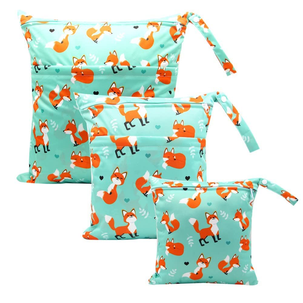Treer Pack of 3 Reusable Waterproof Wet Bags for Cloth Diapers - Baby Nappy Organizer with Zipper, Washable & Eco-Friendly (Small Fox Design) - Perfect for Travel, Daycare & On-the-Go Parents