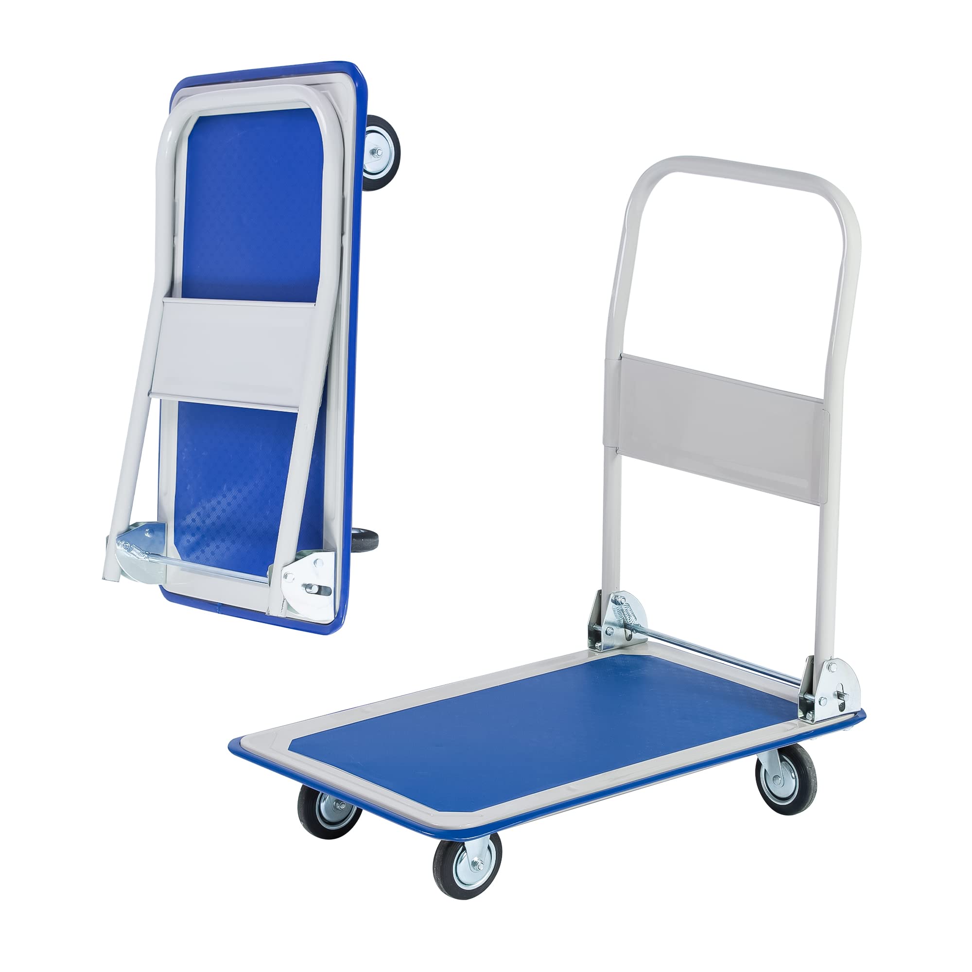Foldable Platform Cart with Wheels - Heavy Duty 330 lbs Capacity Flatbed Dolly, Collapsible Push Cart for Warehouse, Garage & Home Use - Blue Rolling Tool Cart for Easy Transport