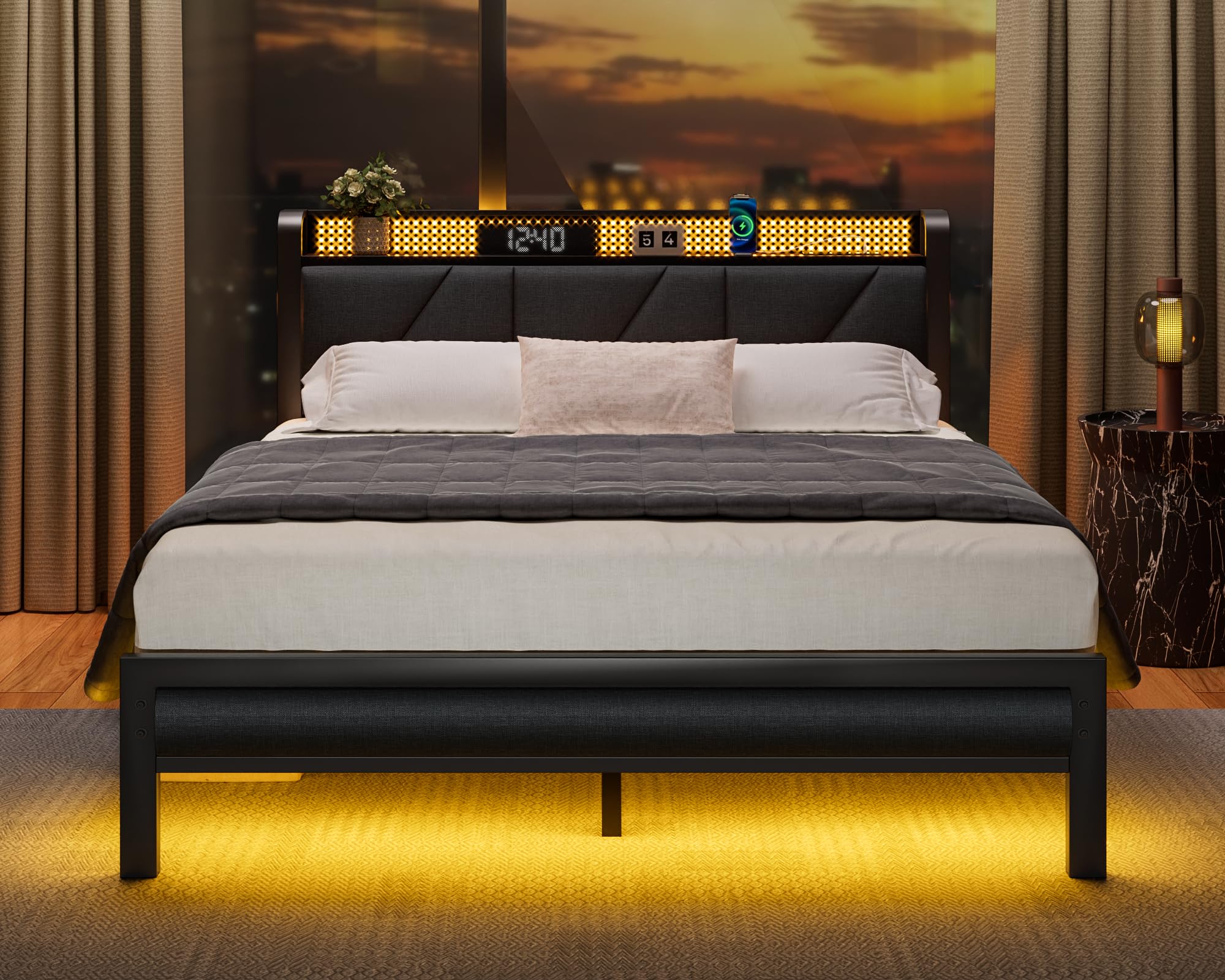 Furnulem Queen Size Bed Frame with Headboard & LED Lights - Upholstered Platform Bed with USB Charging Station, No Box Spring Needed, Noise-Free Metal Bed Frame - Perfect for Modern Bedrooms, Guest Rooms & LED Lighting Enthusiasts
