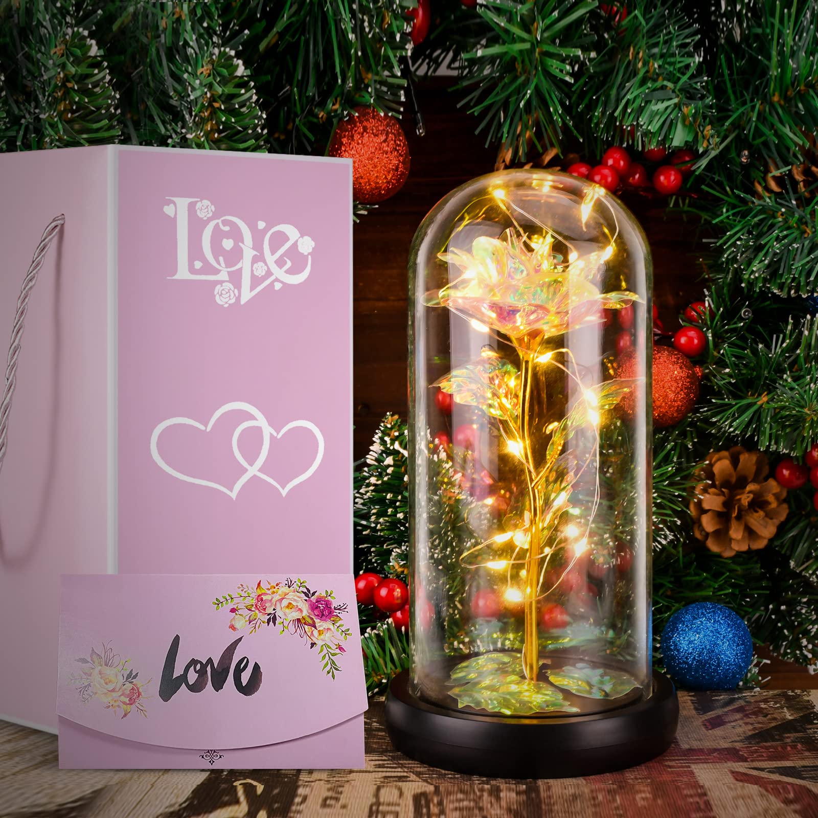 Preserved Rose in Glass Dome - Elegant Artificial Flower Gift for Women, Mom, Wife | Birthday, Christmas, Anniversary Present | Home Decor, Office Desk, Romantic Gift Idea