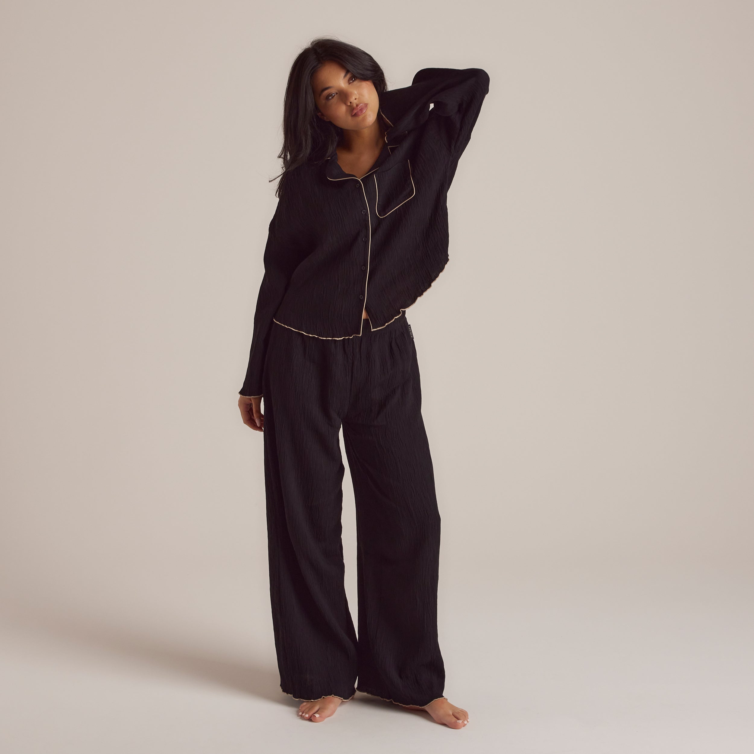 Soft Crinkle Pajama Pants for Women - Black Comfortable Sleepwear for Lounge & Bedtime