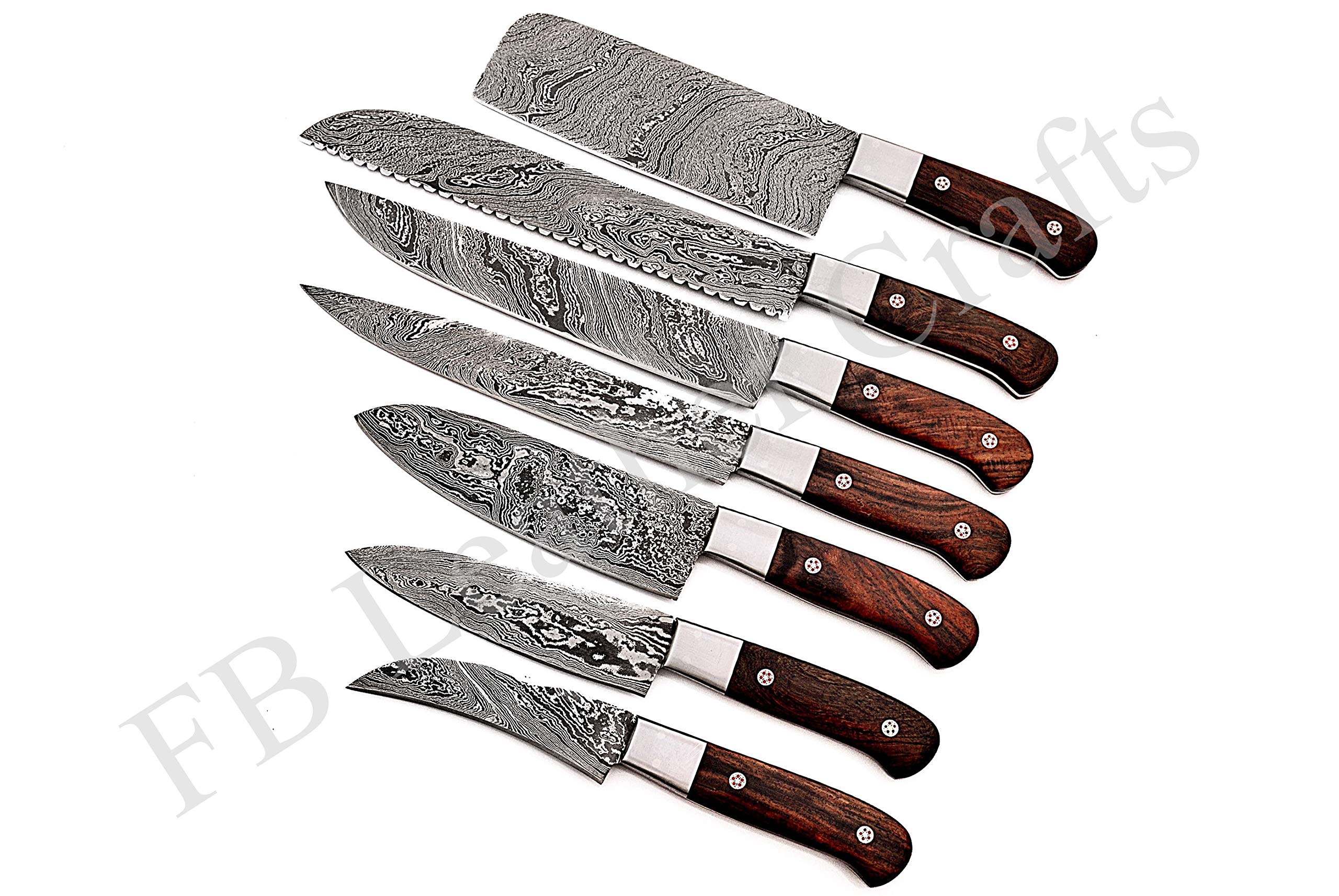 Premium Damascus Steel Kitchen Knives Set - 7-Piece Handcrafted Chef Knife Collection with Rosewood Handle (FBK-1097) - Perfect for Professional Chefs & Home Cooking Enthusiasts