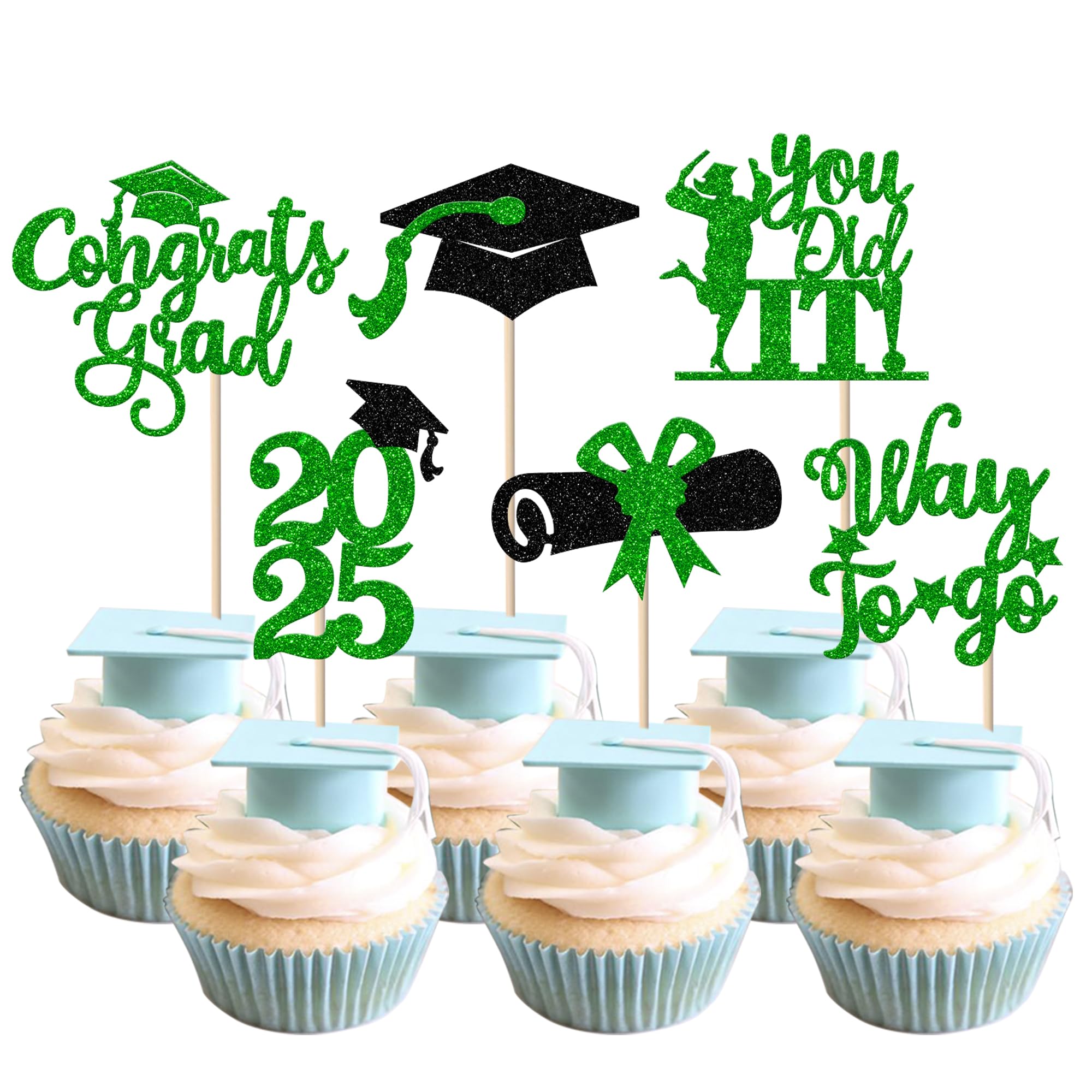 24 Pack Class of 2025 Graduation Cupcake Toppers - Glitter Grad Cap & Law School Survivor Cake Decorations for Lawyer Graduation Party Supplies (Green) - Perfect for 2025 Graduation Celebrations, Birthday Parties & Special Events