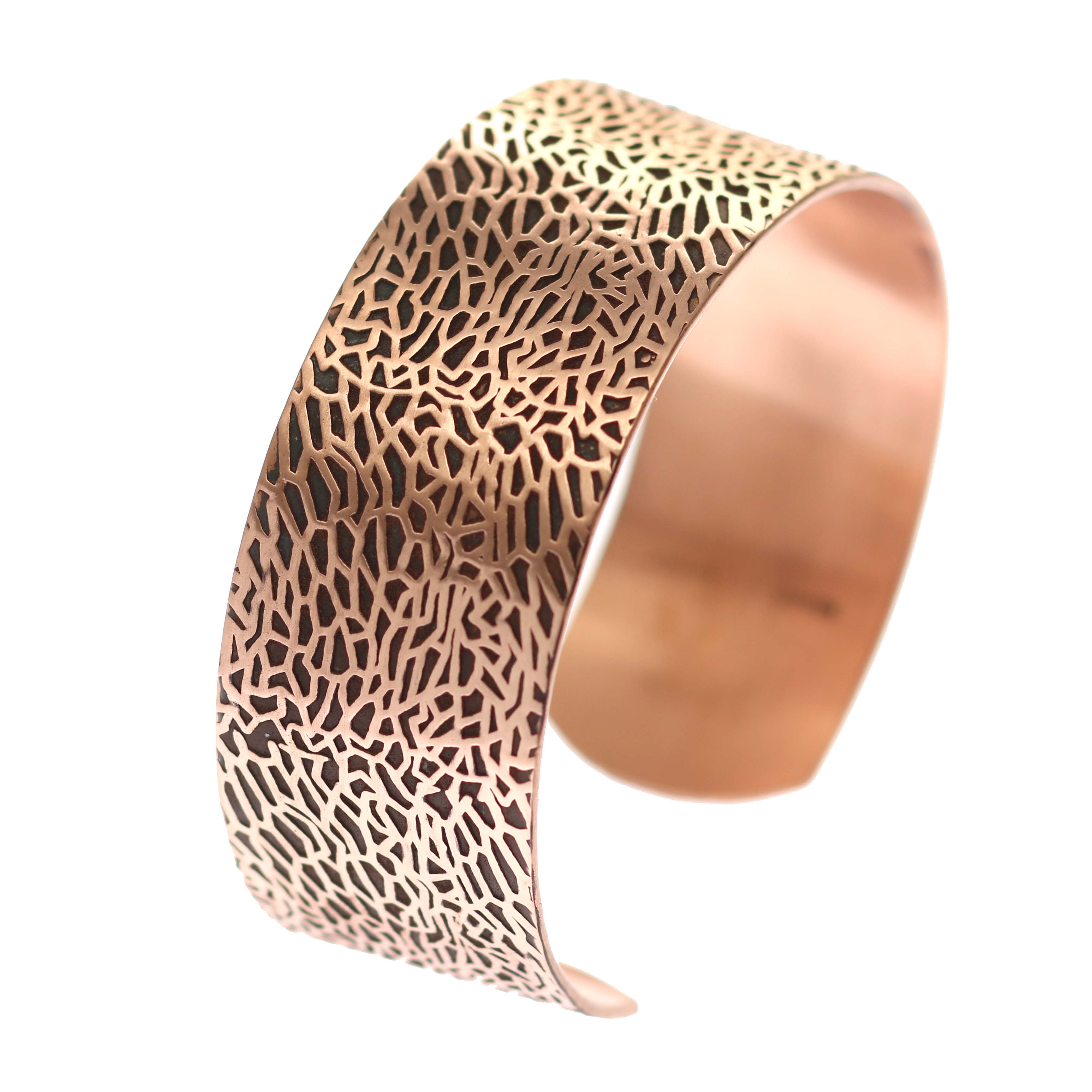 Men's Solid Copper Cuff Bracelet - 1 Inch Wide Embossed Sea Fan Design - Perfect for Beach Weddings, Boho Fashion & Casual Wear