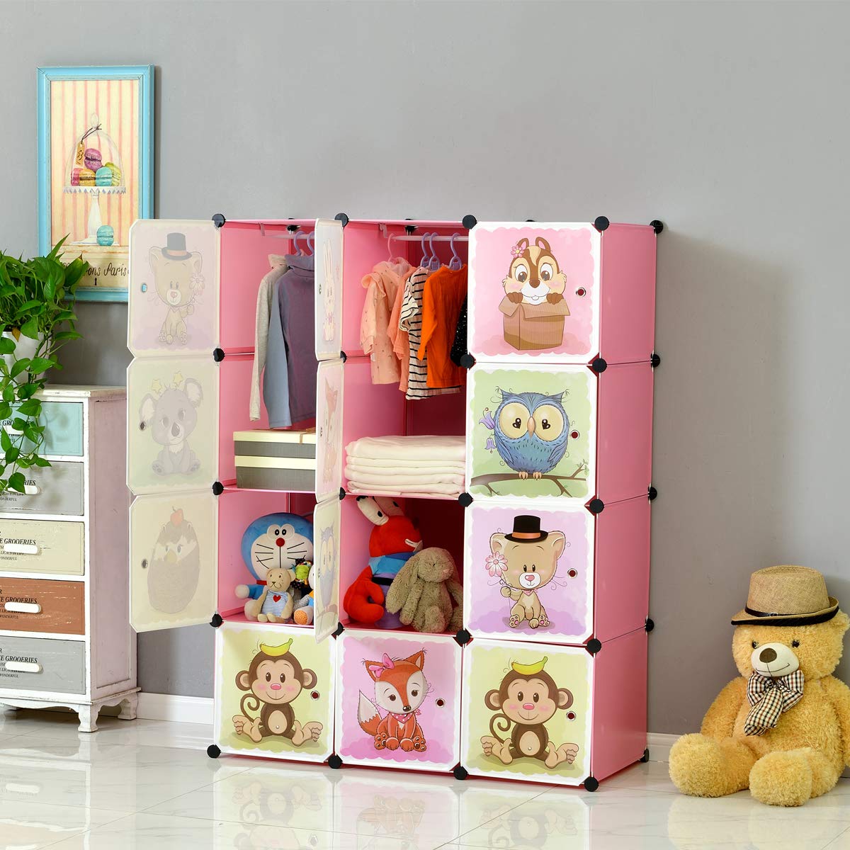 Portable Kids Closet Organizer - 8-Cube & 2-Hanging Section DIY Storage Wardrobe for Children | 30% Deeper Space, Sturdy & Safe Pink Clothes Storage | Perfect for Bedroom, Nursery, and Playroom Organization