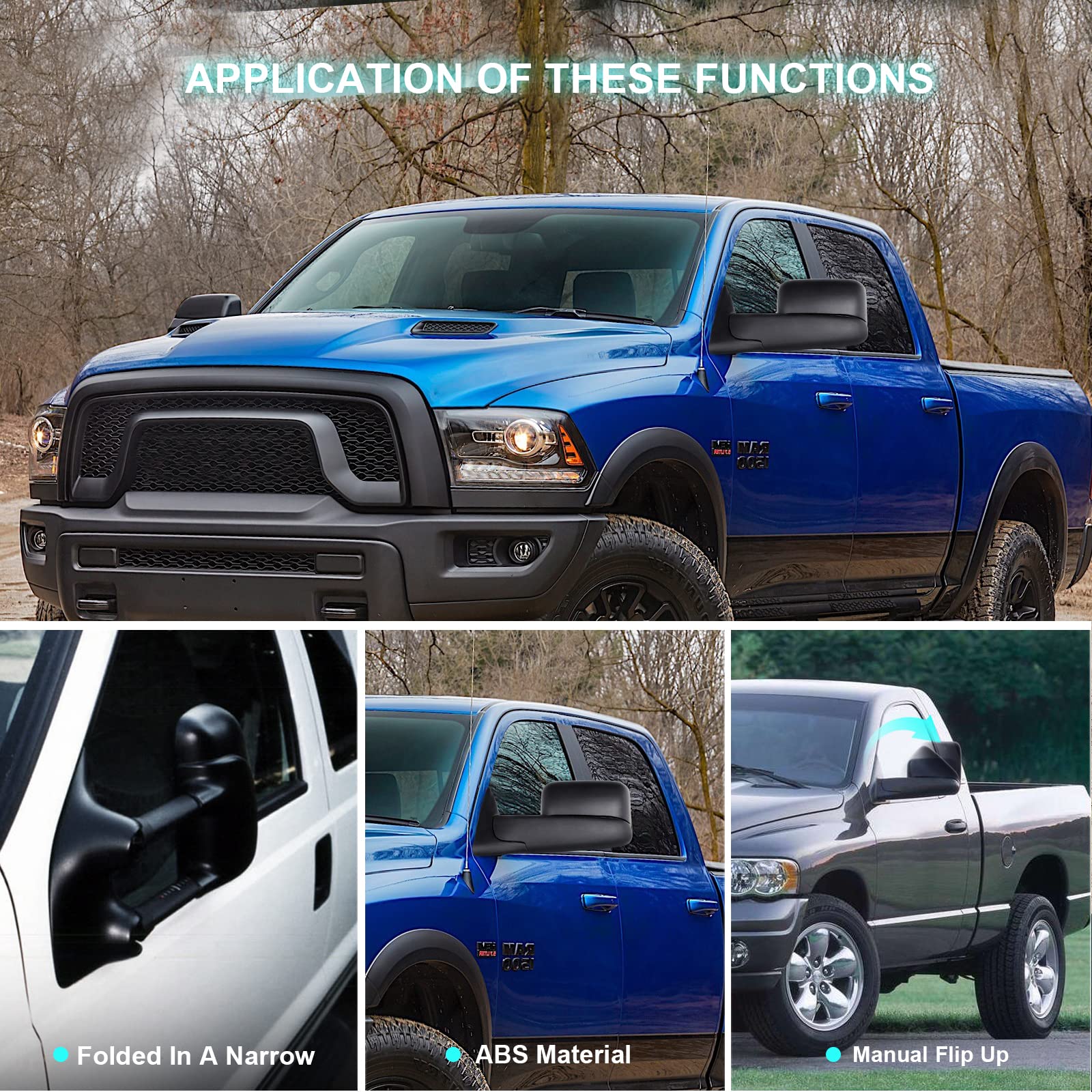 SCITOO Black Power-Adjustable Towing Mirrors for 1994-1997 Dodge Ram 1500/2500/3500 Trucks - Pair (LH & RH) | No Heat/No Turn Signal | Enhanced Visibility for Towing & Off-Roading