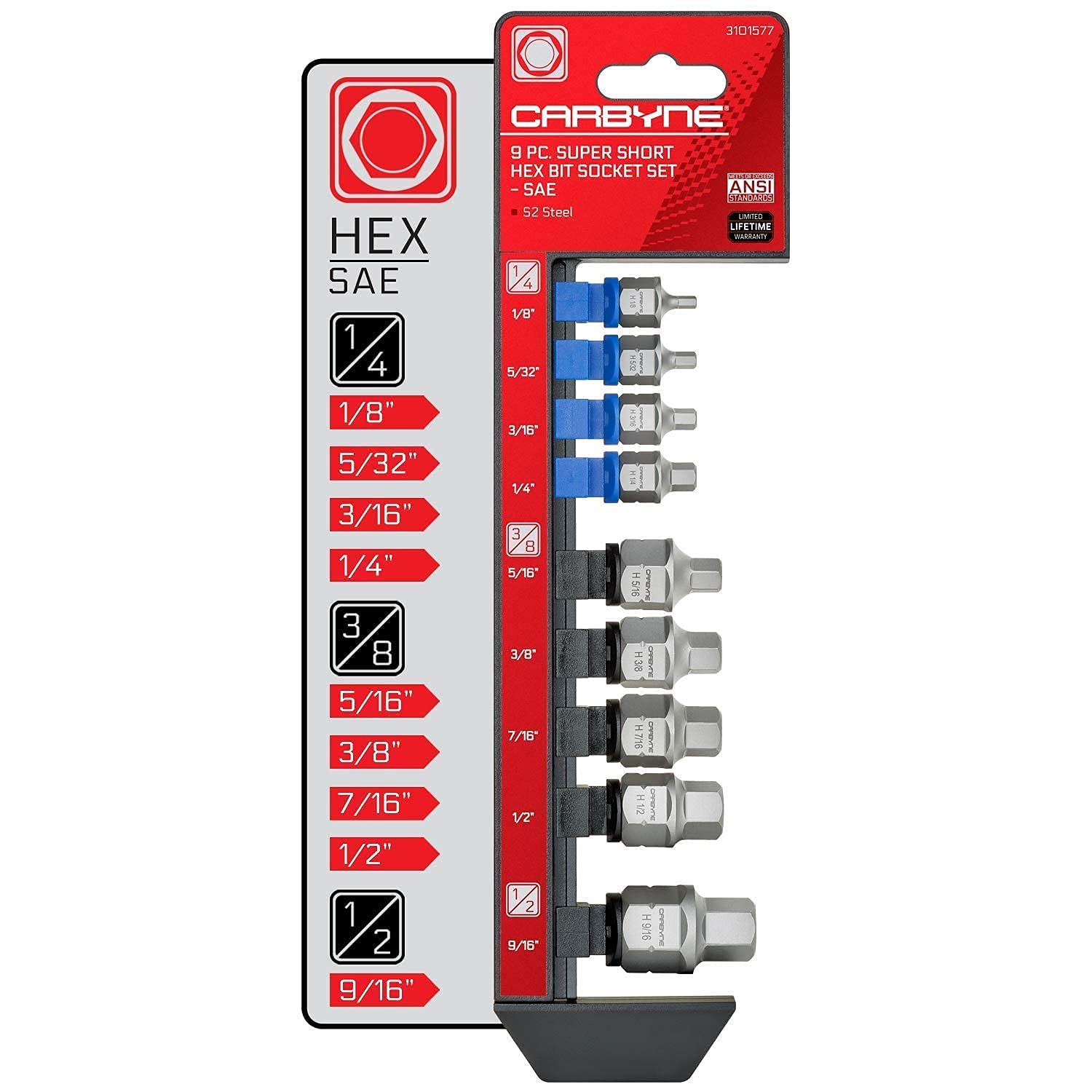 CARBYNE 3 Super Short Bit Socket Set - 9-Piece SAE Hex, 9-Piece Metric Hex & 12-Piece Torx Bit Set for Tight Spaces | Perfect for Automotive Repair, DIY Projects, and Professional Mechanics