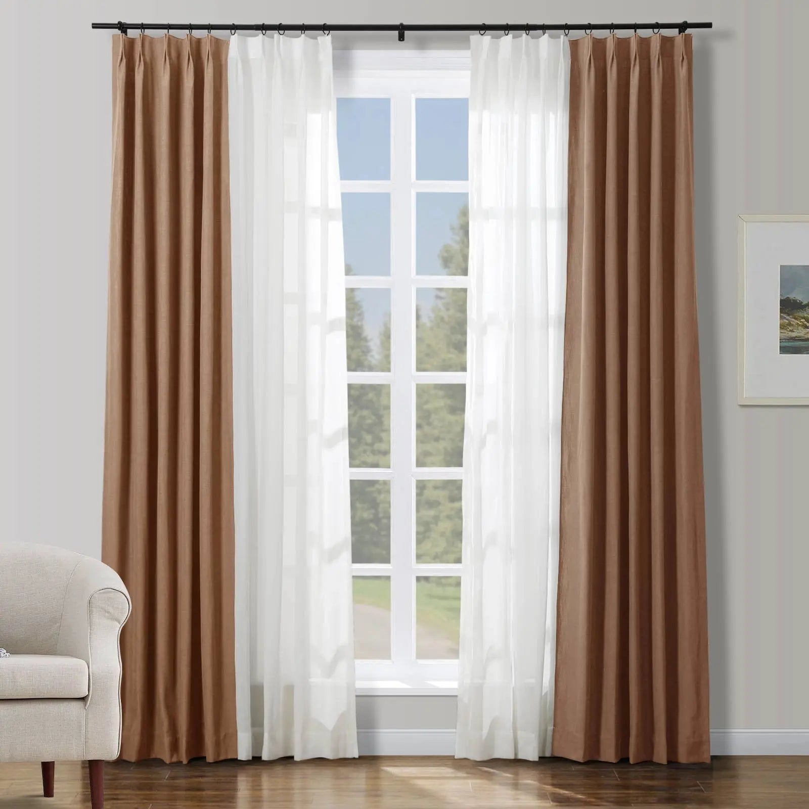 Half Linen Half Sheer Pleated Curtain Panels (Set of 2) - Elegant Window Drapes for Living Room, Bedroom & Dining Room Decor