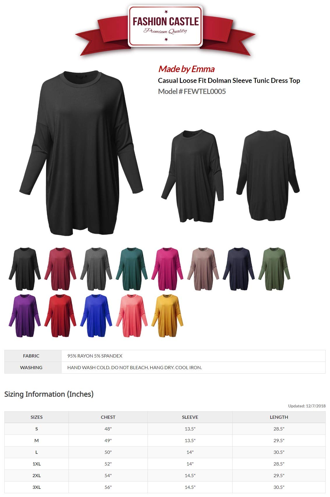 Emma Women's Casual Loose Fit Dolman Sleeve Tunic Dress Top - Comfortable & Stylish for Everyday Wear, Work, and Weekend Outings