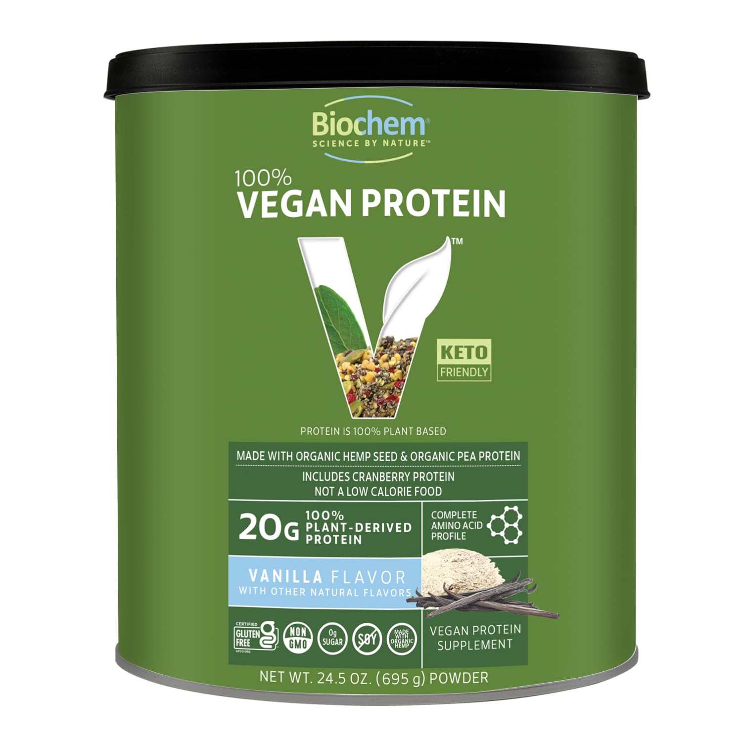 Biochem Vegan Protein Powder - 20g Plant-Based Protein per Serving, Organic Pea Hemp Cranberry Blend, Soy-Free Gluten-Free Vanilla Flavor, 1.5lb | Perfect for Post-Workout Recovery, Smoothies & Vegan Baking