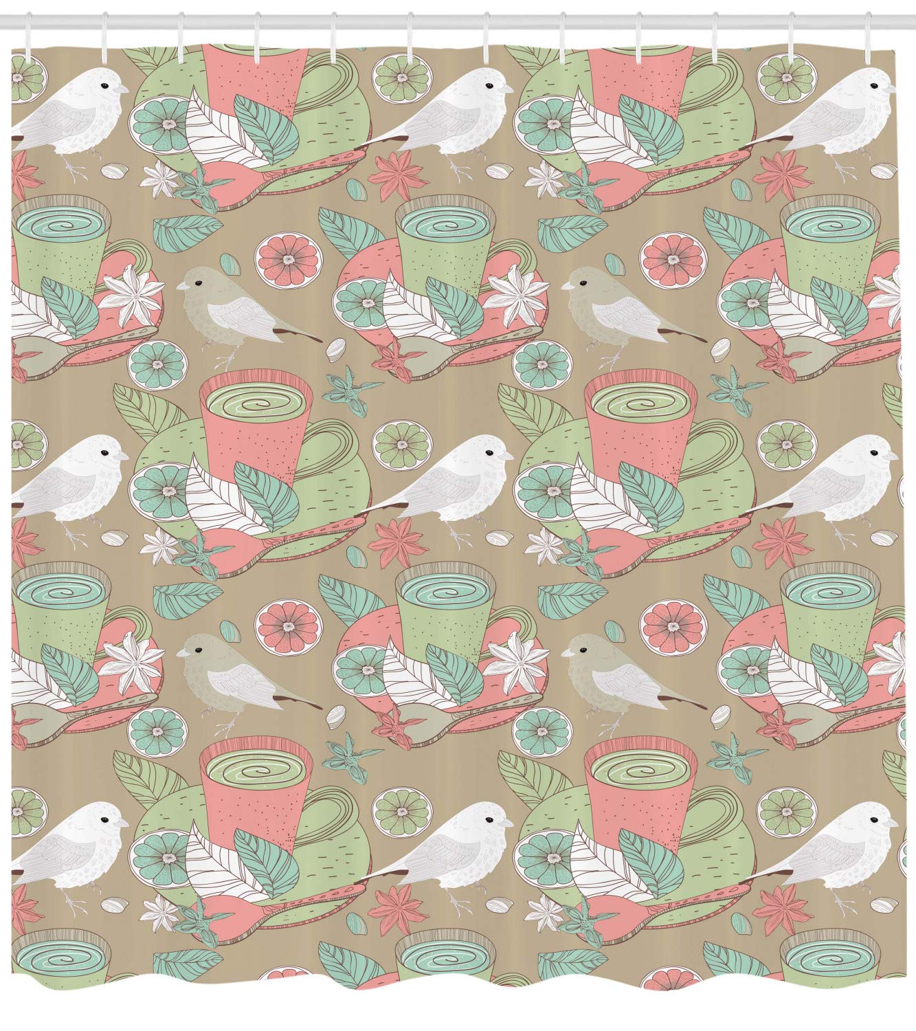 Ambesonne Vintage Tea Cup Shower Curtain with Birds, Flowers & Lemon Slices - 69x70 Inch Waterproof Fabric Bathroom Decor in Pale Green & Blush - Perfect for Farmhouse, Cottage & Retro Style Bathrooms