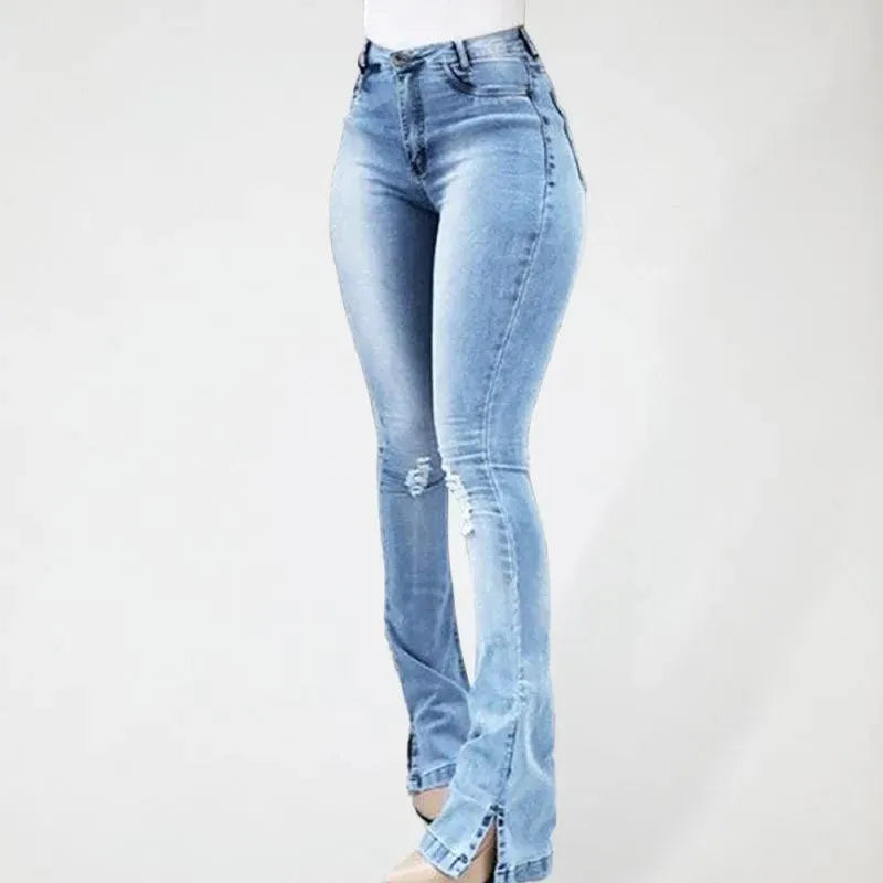 Women's High Waist Flared Jeans with Slit Detail - Trendy Bootcut Denim Pants for Casual Outfits & Night Out