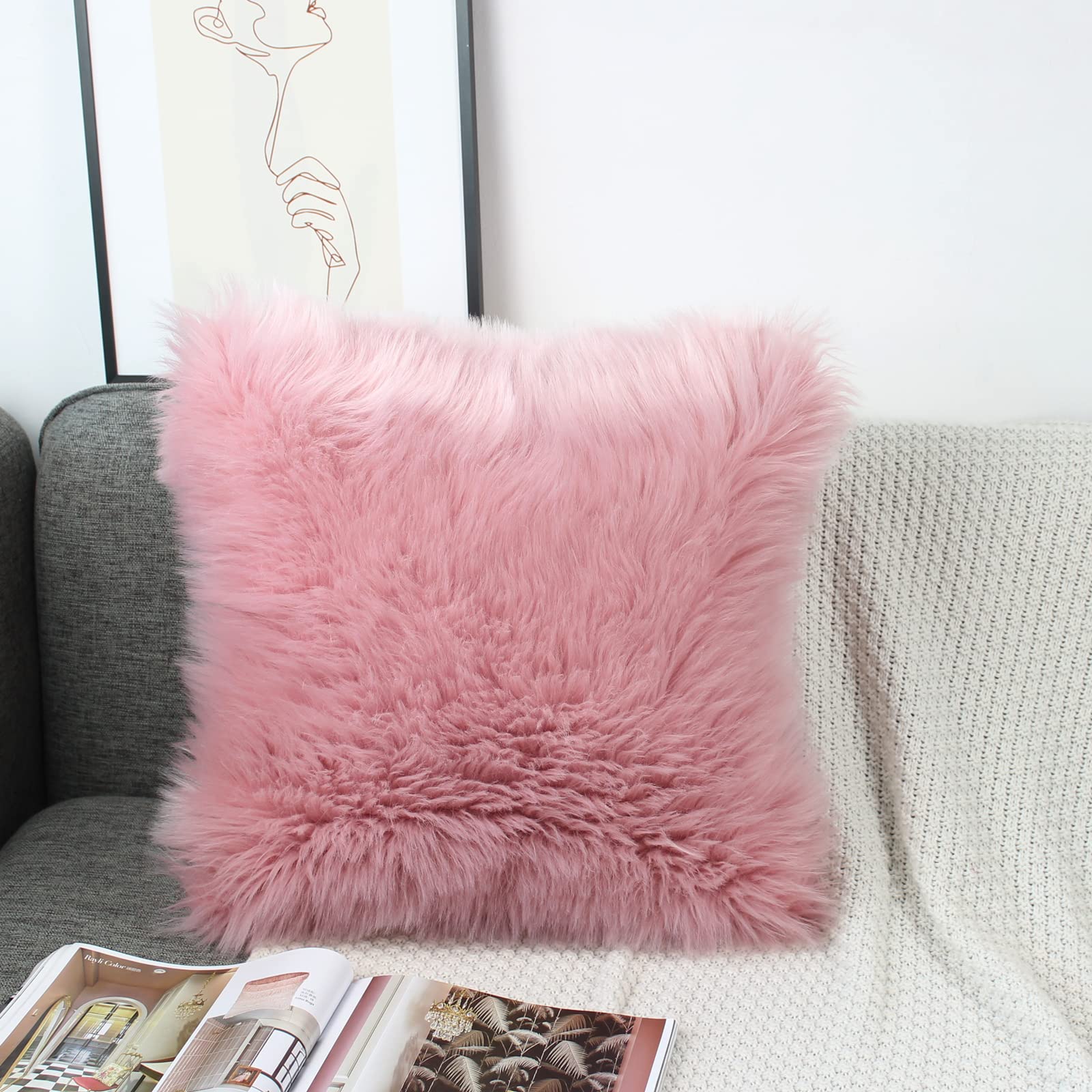 OYIMUA 20x20 Fluffy Faux Fur Decorative Throw Pillow Covers - Soft Plush Blush Pink Luxury Cushion Covers for Sofa, Couch, Living Room & Bedroom (Set of 2) | Farmhouse Style Home Decor & Cozy Accent Pillows