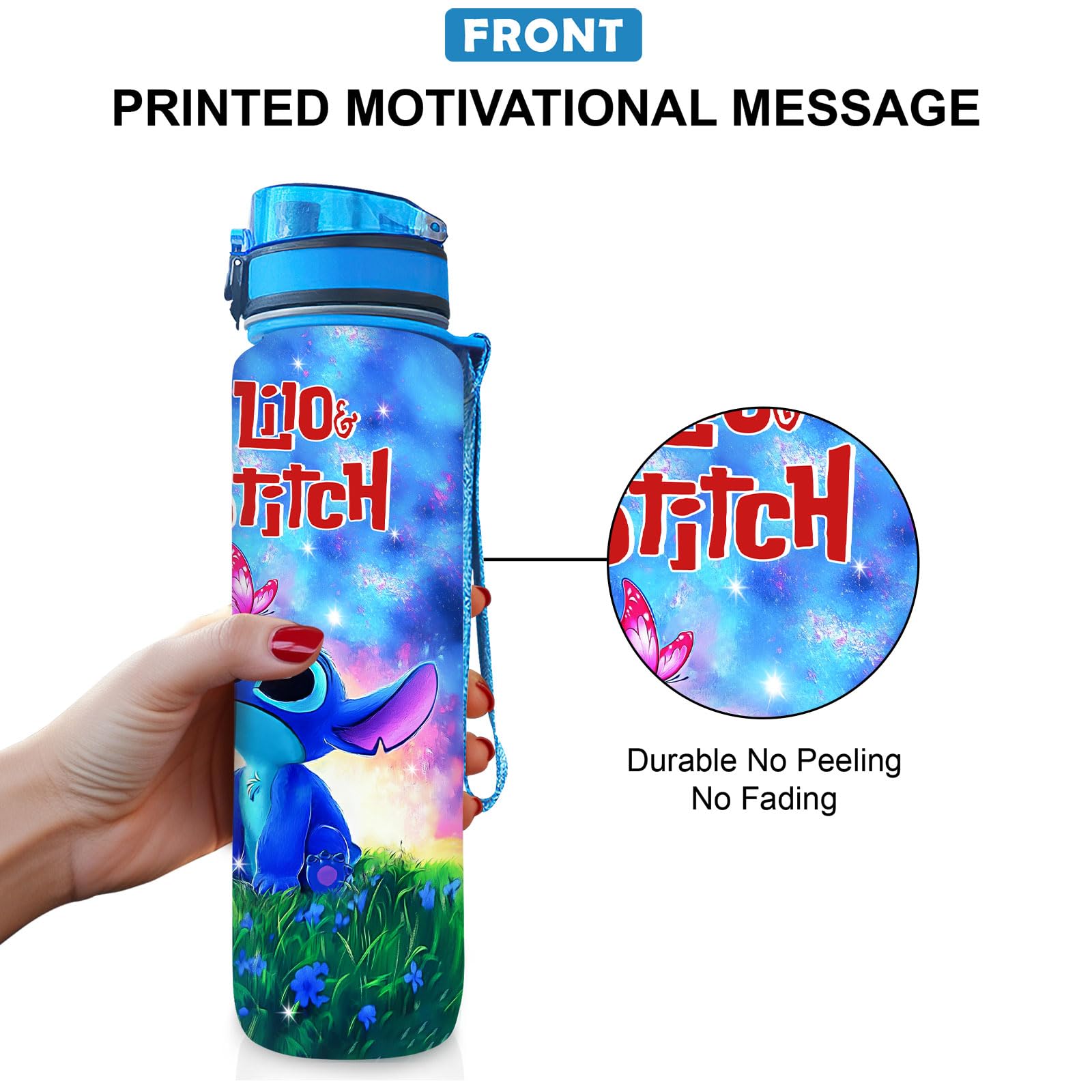Blue Alien 32 Oz Insulated Water Bottle with Time Marker - Motivational Gift for Cartoon Lovers - Leakproof Stainless Steel Sports Bottle for Gym, Hiking & Outdoor Activities