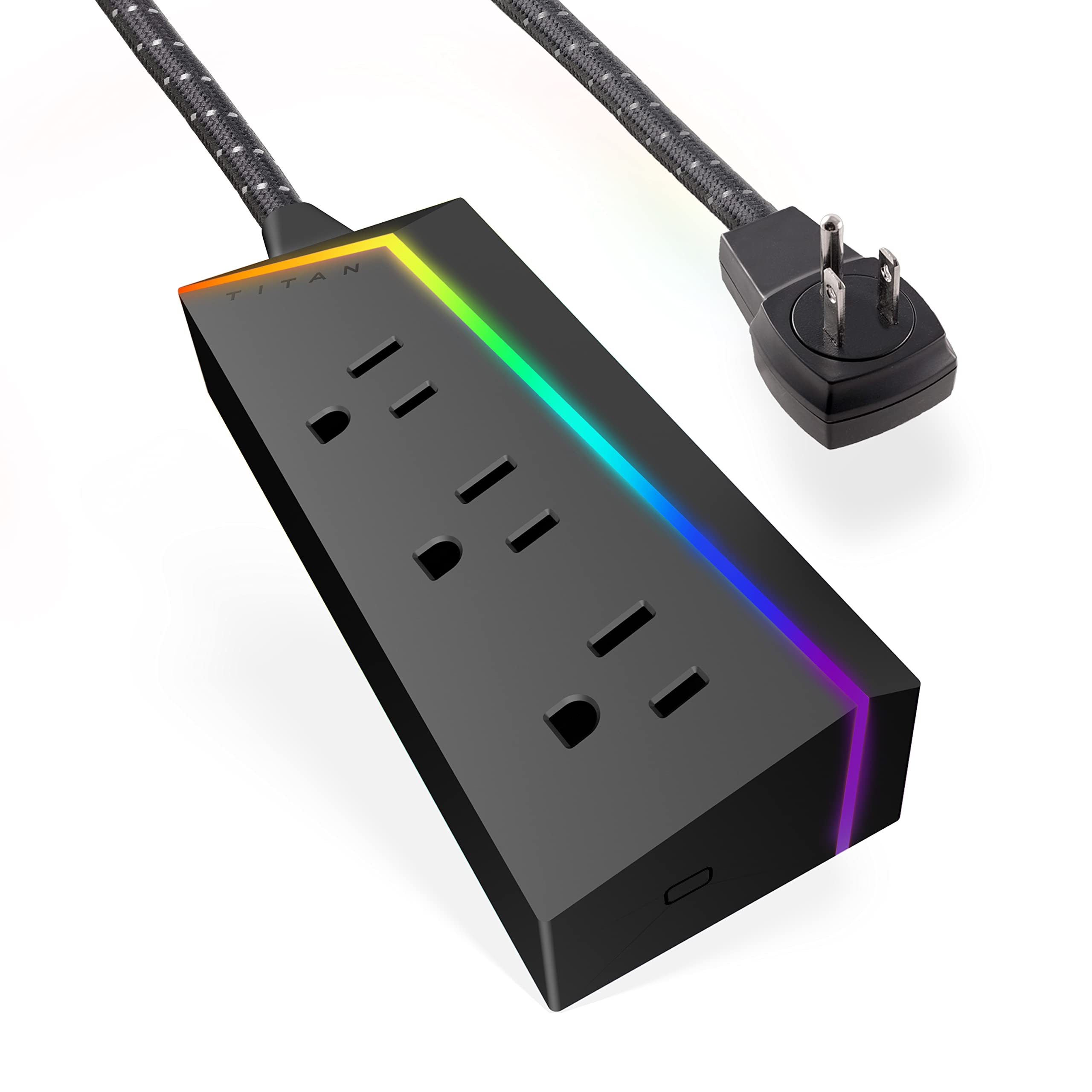 Titan 3-Outlet Power Strip with 4ft Braided Extension Cord & Full Spectrum LED Light - Surge Protector for Gaming PC, Laptop, PS5, Xbox - Perfect for Home Office & Gaming Setup (Black, Model 60046)