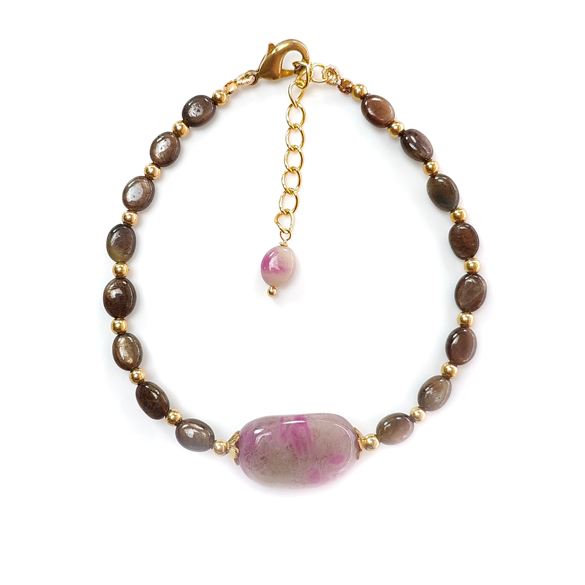 Natural Untreated Zoisite Ruby & Golden Brown Chocolate Sapphire Beaded Bracelet - 58.10cts Oval Cut 7x5mm & 20x14mm Brass Jewelry for Women, Gift for Her, Birthday Present, Anniversary, Party Wear, Boho Chic Accessory