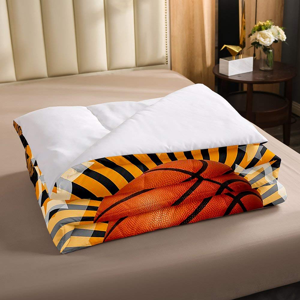 Basketball Comforter Set - Queen Size Sports Bedding with 1 Comforter & 2 Pillowcases for Kids, Boys, Girls - Orange & Black Stars & Stripes Design - Perfect for Basketball Fans, Game Rooms & Sports-Themed Bedrooms