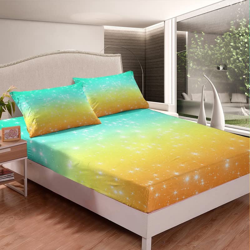 Starry Sky Gradient Bed Sheet Set - Green Yellow Ombre Fitted Sheet Twin Size for Kids, Boys & Girls - 3 Piece Space Themed Bedding with Pillowcase - Perfect for Galaxy Themed Bedrooms, Kids' Rooms & Dorm Decor