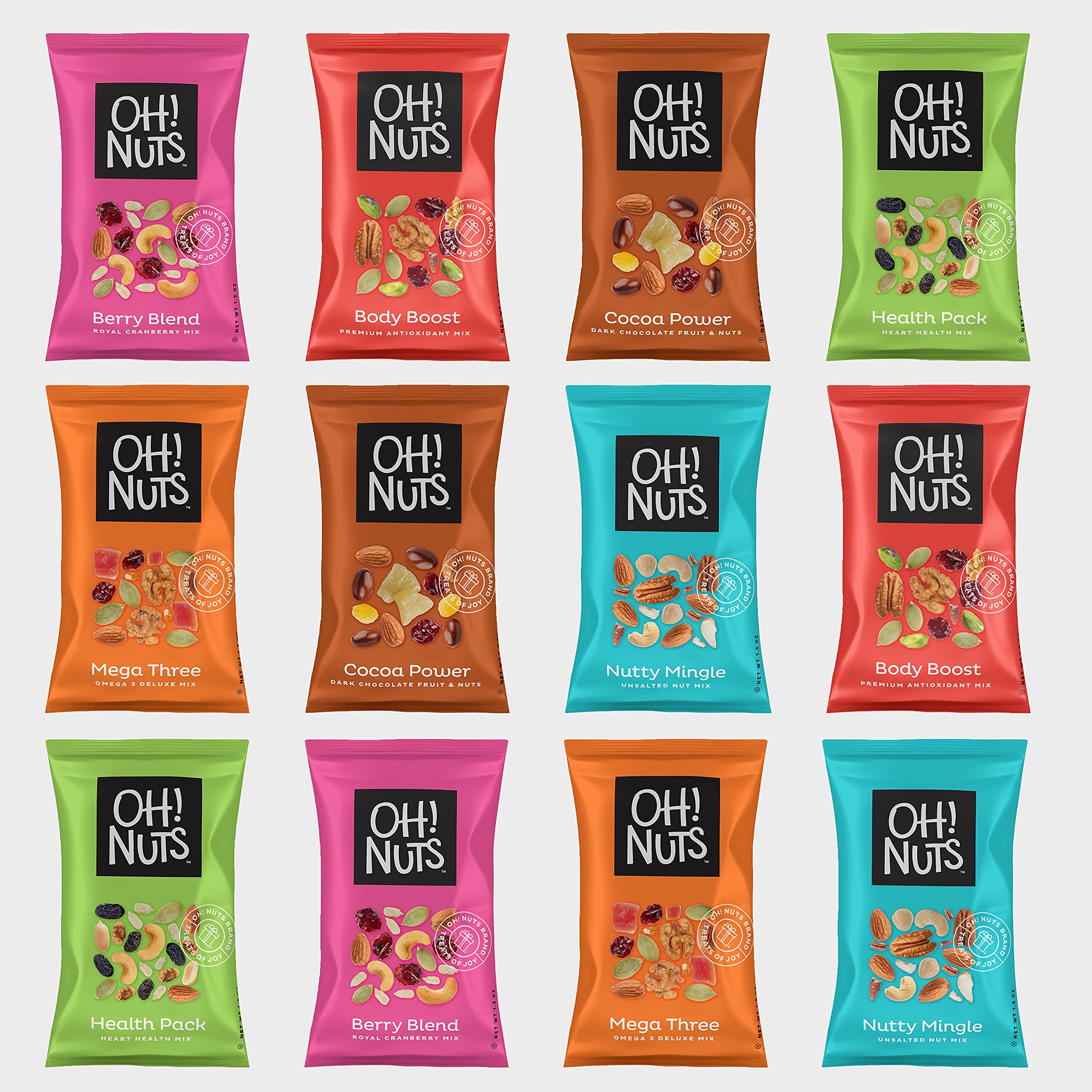 Healthy Trail Mix Snack Packs - 12 Individual 1.5oz Nut & Dried Fruit Variety Packs | Bulk Mixed Nuts for School, Office & Travel | On-the-Go Energy Snacks by Oh Nuts | Perfect for Hiking, Workouts & Lunchboxes