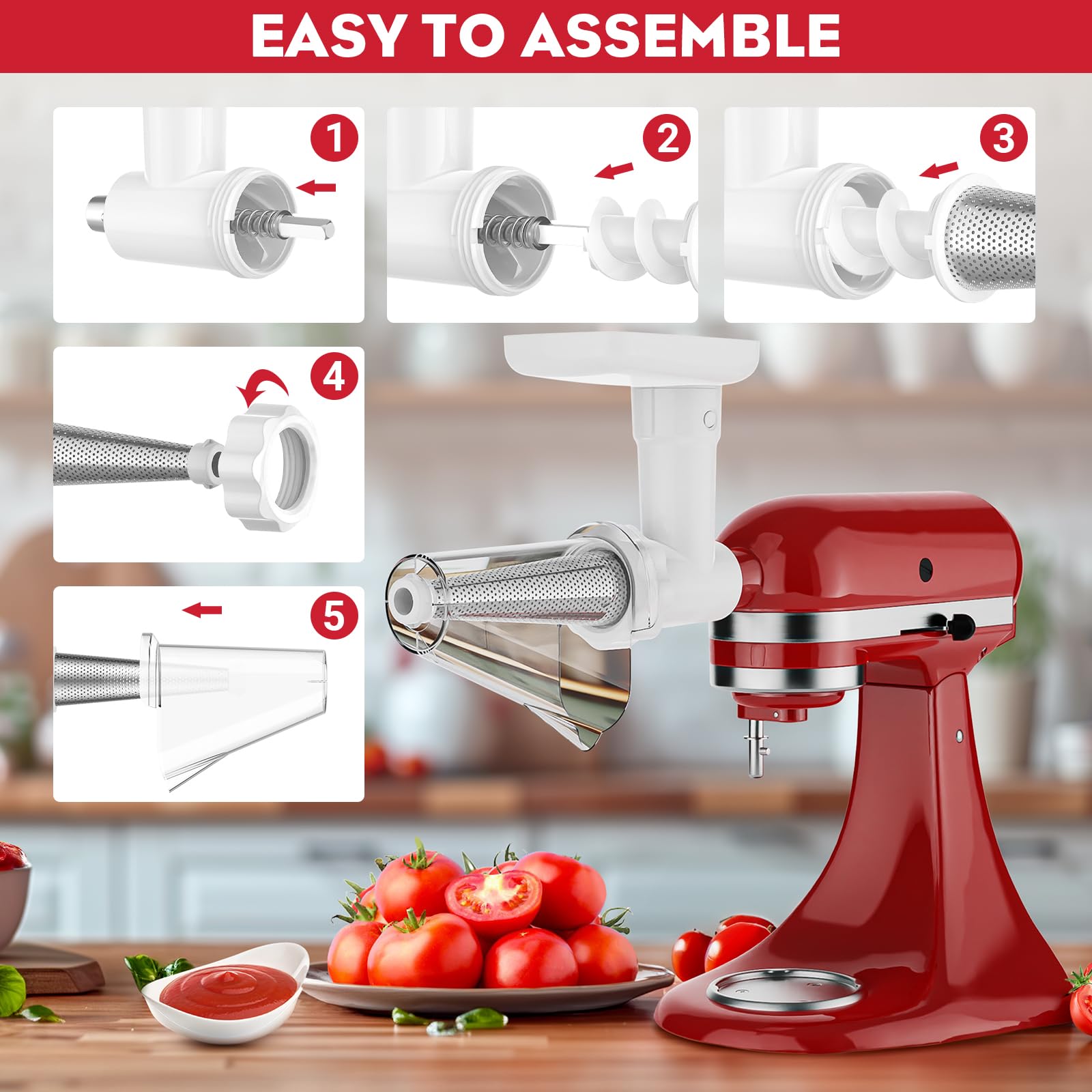 HOZODO KitchenAid Stand Mixer Fruit & Vegetable Strainer Attachment with Food Grinder, Sausage Stuffer Tubes & Juicer Auger - Perfect for Homemade Jams, Baby Food & Fresh Juices
