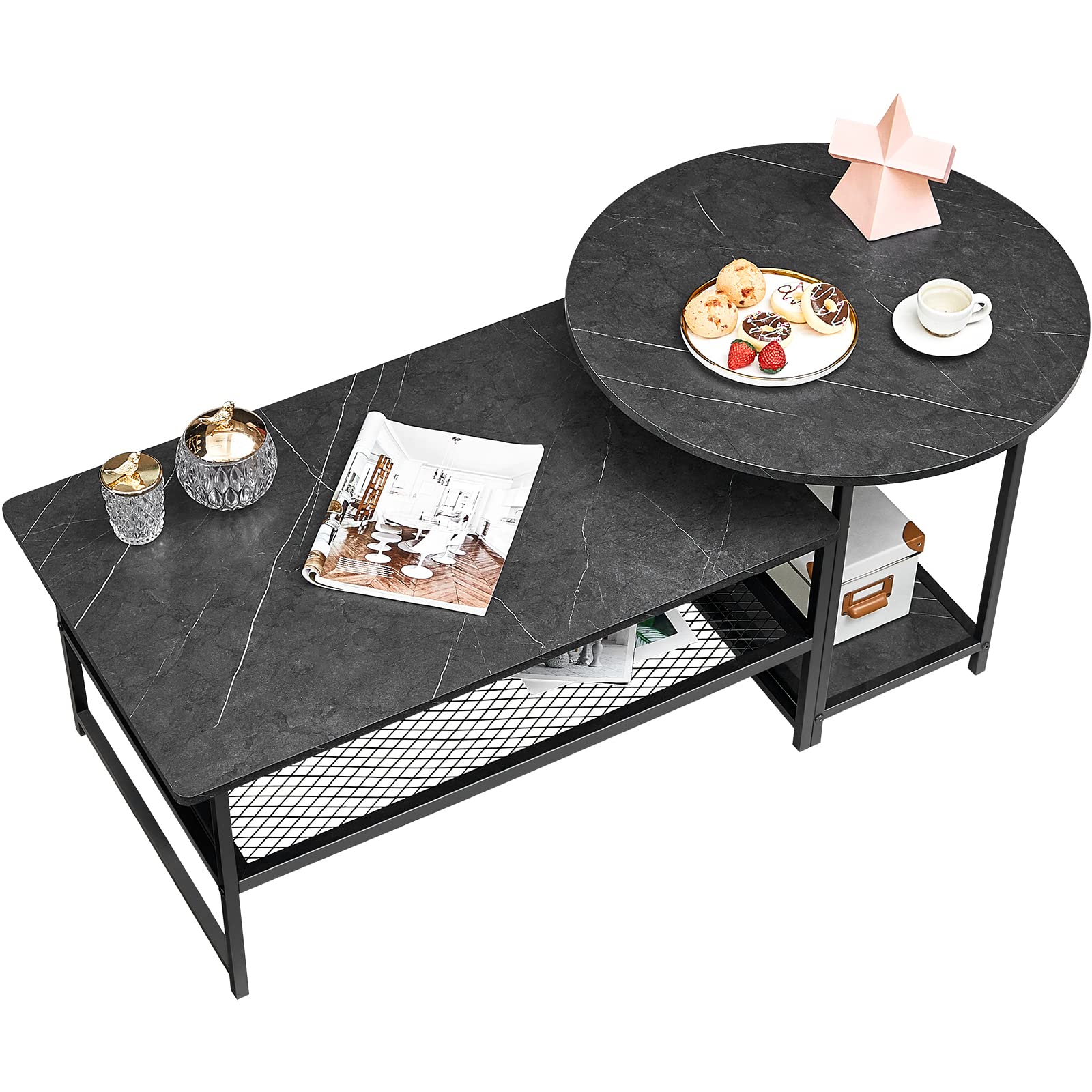 WOHOMO Black Marble Nesting Coffee Table Set of 2 - Detachable 2-in-1 Round & Rectangular Modern Industrial Side Tables for Living Room, Bedroom, Office - Space-Saving Mesh Design Home Decor