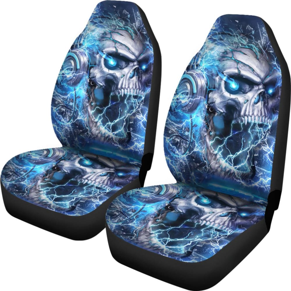 Premium Gothic Skull Car Seat Covers with Blue Music Headphones Design - Trendy Car Interior Accessories for Music Lovers & Gothic Style Enthusiasts | Perfect for Cars, Trucks & SUVs