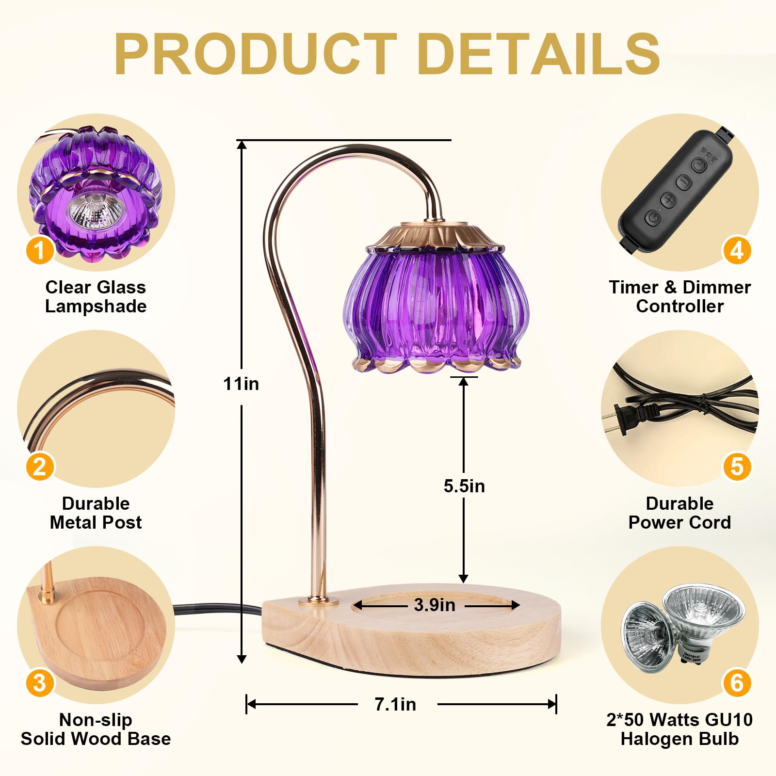 Electric Candle Warmer Lamp with Timer - Dimmable LED Lantern for Wax Melts & Fragrance Oils - Perfect for Home Decor, Gifts for Women, Housewarming - Ideal for Bedroom, Living Room, Bathroom (Purple)