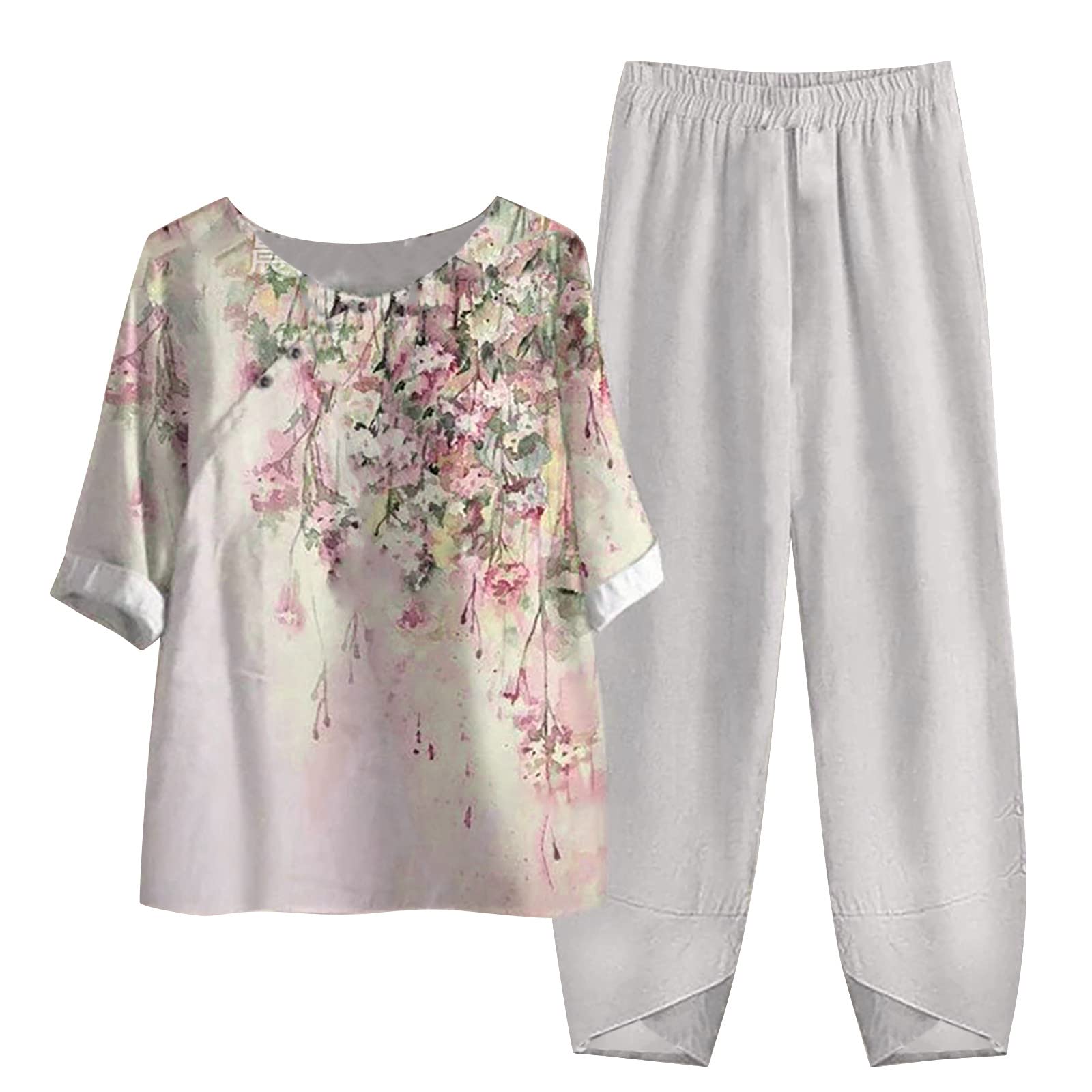 Women's Summer Linen Lounge Set - 2 Piece Outfit with Half Sleeve T-Shirt & Cotton Linen Pants | Plus Size Vacation Wear for Beach, Travel & Relaxation