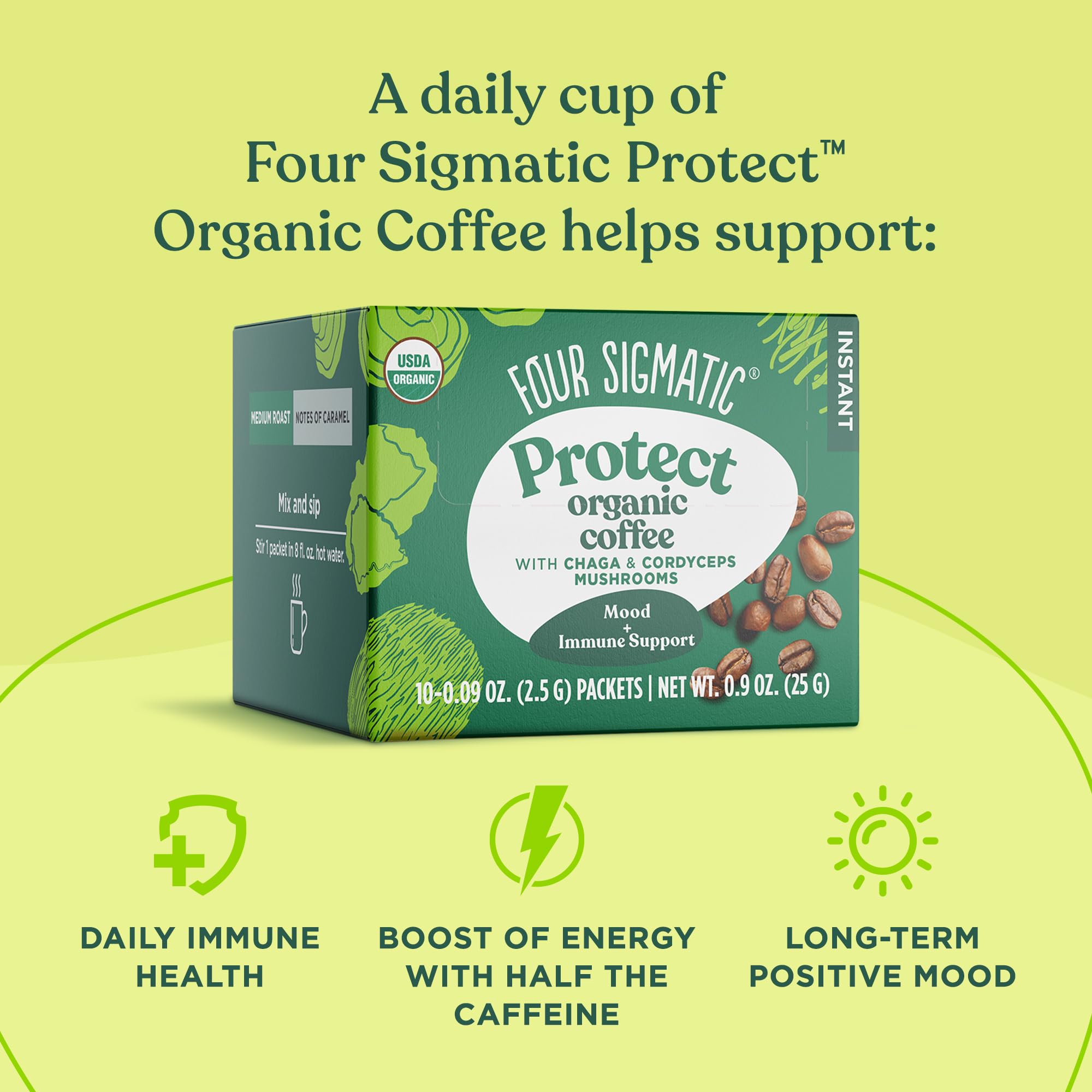 Organic Arabica Instant Coffee with Mushrooms | Focus & Immune Boost | 10 Packets for Work & Travel
