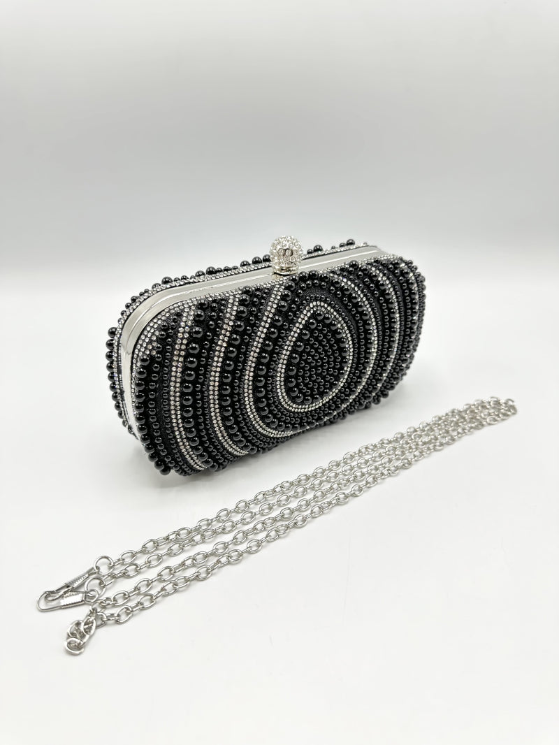 Elegant Colette Pearl & Diamond Clutch Bag in Black - Perfect for Evening Parties, Weddings & Special Occasions