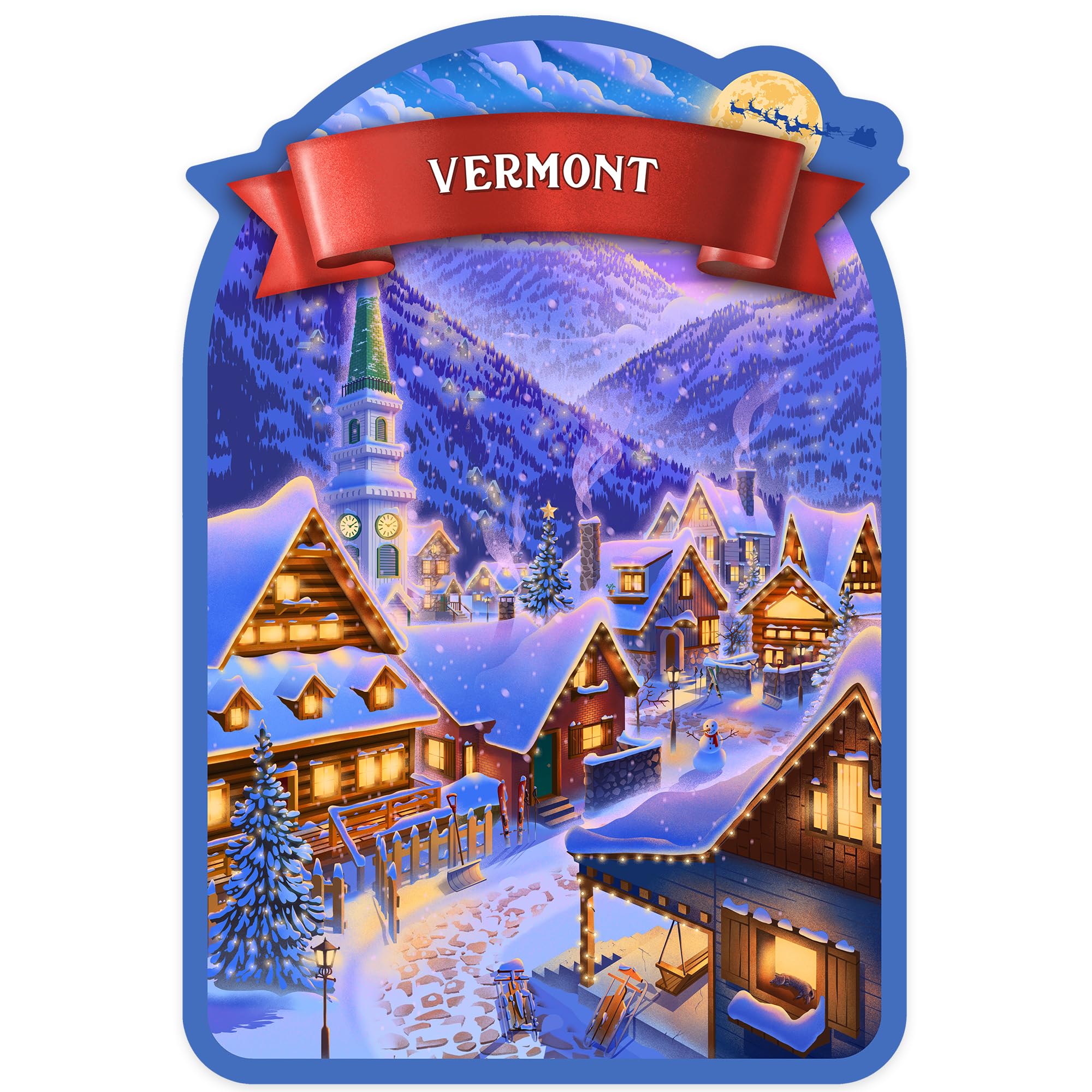 Vermont Die Cut Sticker - Sleepy Winter Christmas Village Vinyl Decal (1-3 Inch Waterproof Stickers for Cars, Water Bottles, Laptops, Coolers) - Perfect for Holiday Decorations, Gift Wrapping & DIY Crafts