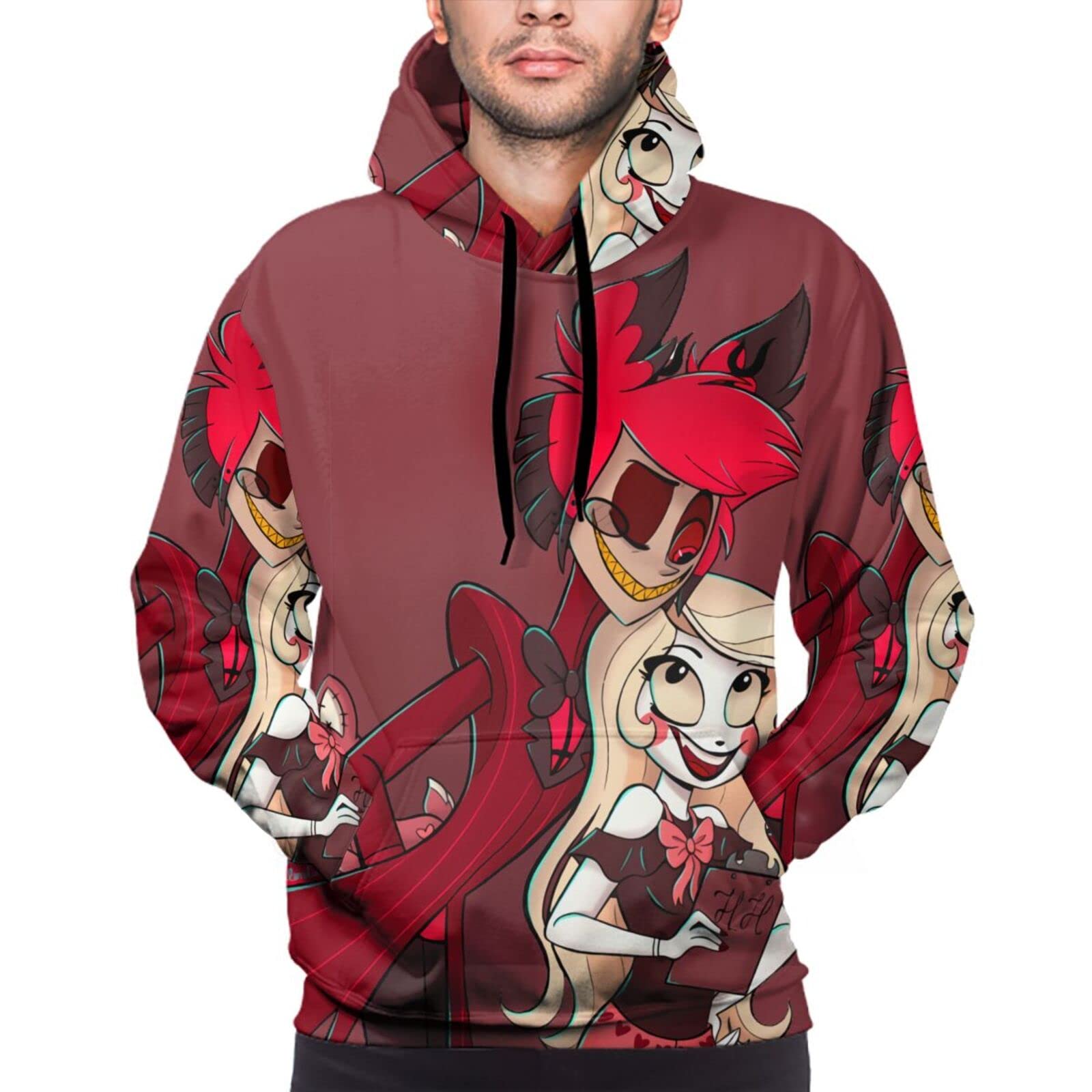 Woodyotime Men's Hazbin Hotel Fleece Hoodie - Warm Pullover Hooded Sweatshirt for Outdoor Activities & Casual Wear | Perfect for Winter, Cosplay & Fan Merchandise