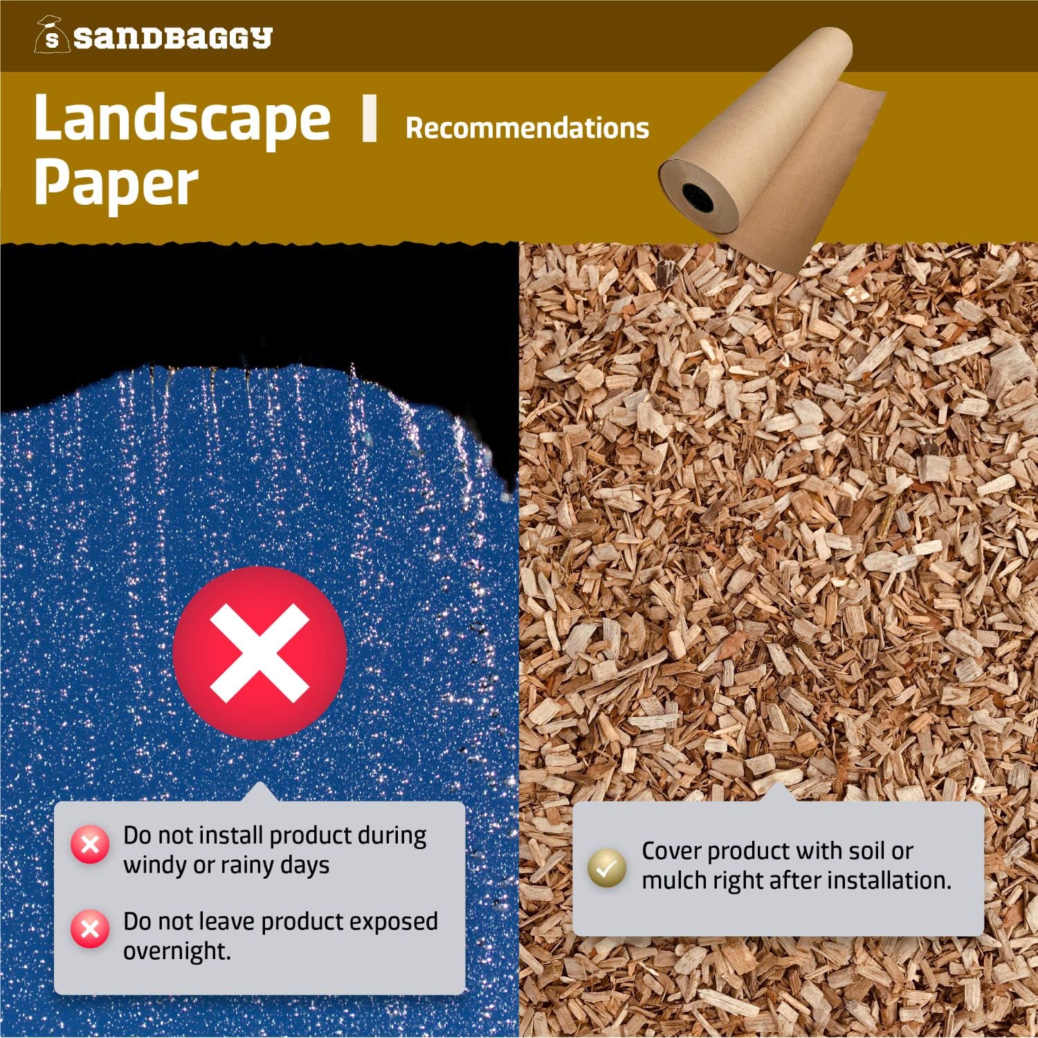 Sandbaggy Biodegradable Landscape Fabric - Eco-Friendly Weed Barrier for Gardens, 5 ft x 50 ft Paper Mulch Roll - Perfect for Vegetable Beds, Flower Gardens & Sustainable Landscaping