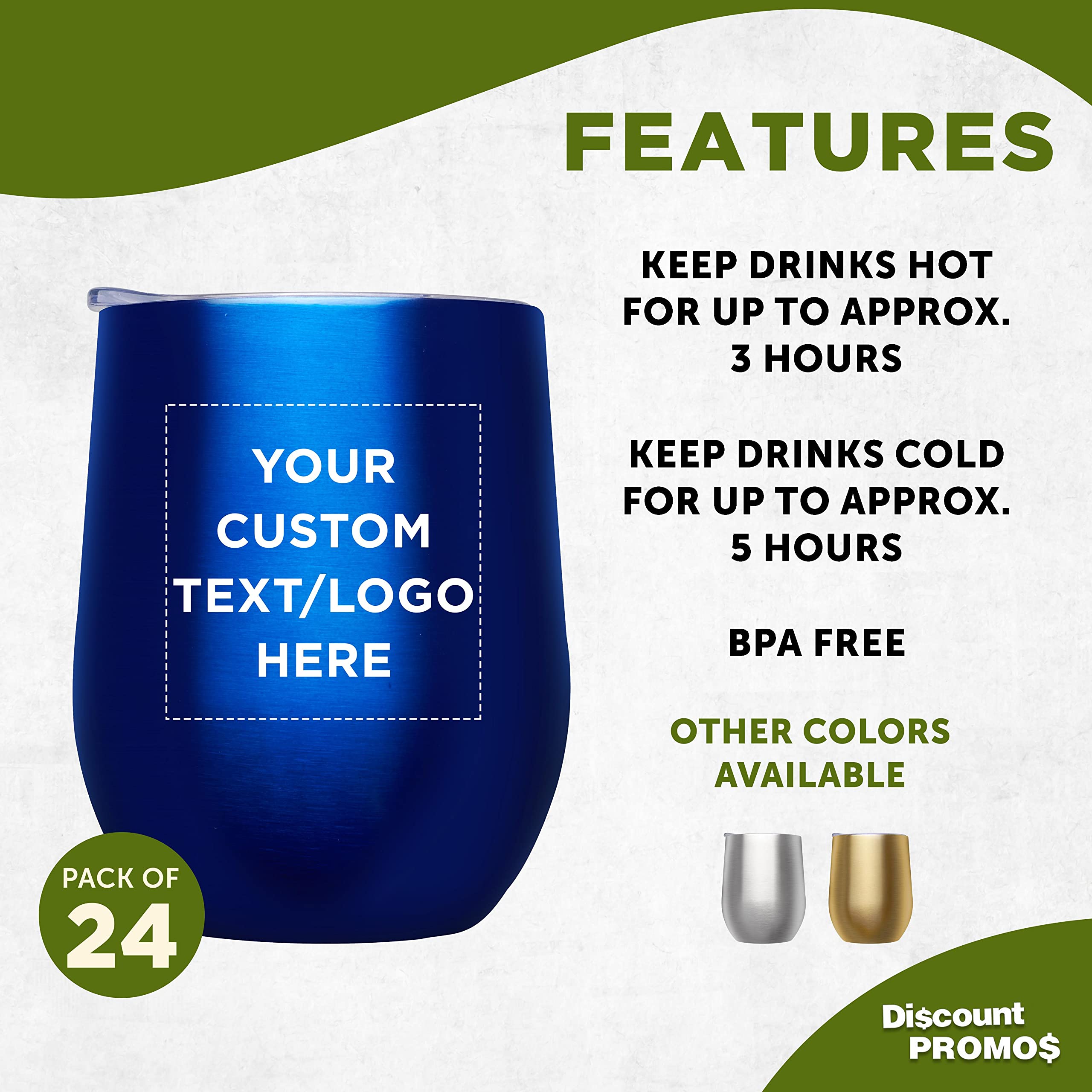 Custom 11 oz Stemless Wine Glasses with Lids - Set of 24 Personalized Tumblers for Wine, Cocktails & Beverages - Bulk Pack for Parties, Weddings & Events - Blue