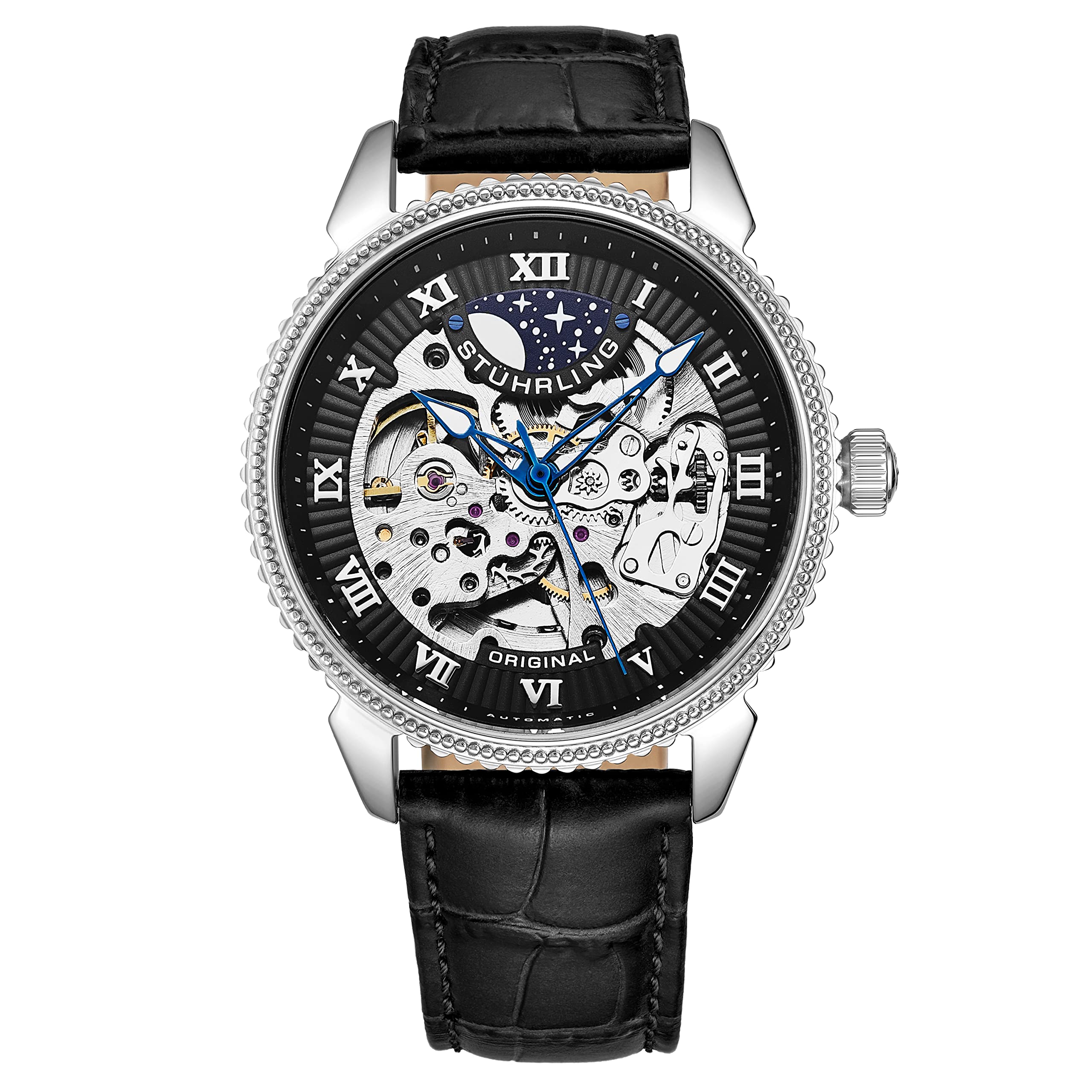 Stuhrling Original Men's Automatic Skeleton Watch - Self-Winding Mechanical Dress Watch with Premium Black Leather Band (Black) | Perfect for Business, Formal Events & Everyday Wear