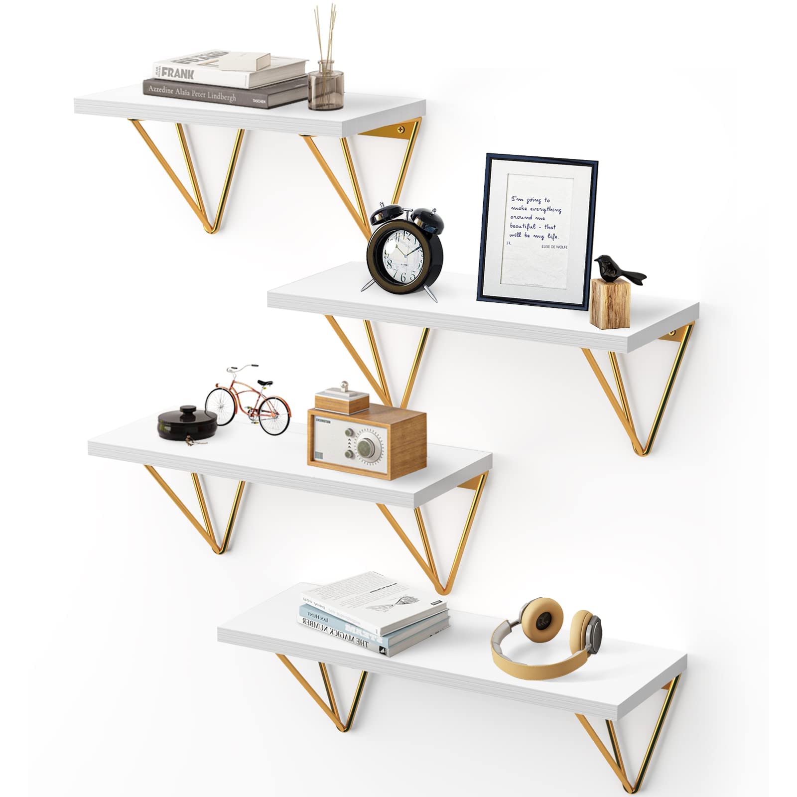 Fixwal 4-Pack White Floating Wall Shelves with Gold Metal Brackets - Modern Decorative Shelves for Bedroom, Living Room, Bathroom, Kitchen & Office - Perfect for Displaying Photos, Books & Home Decor
