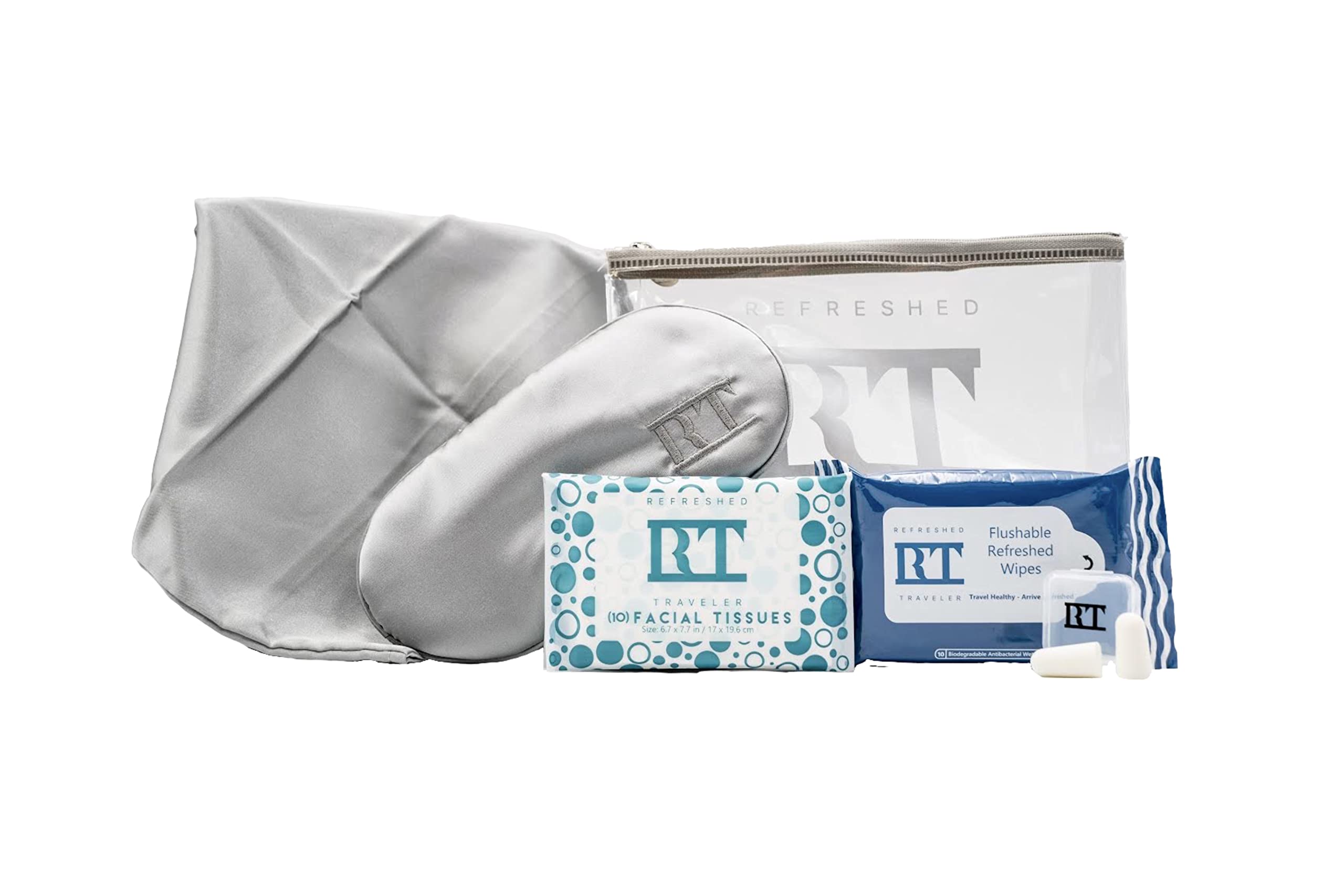 First Class Travel Kit - TSA Approved Satin Eye Mask, Travel Pillowcase, Ear Plugs & Antibacterial Wipes for International Flights | Essential Overnight Flight Accessories for Comfortable Travel | Perfect for Business Trips, Vacations & Long-Haul Journeys