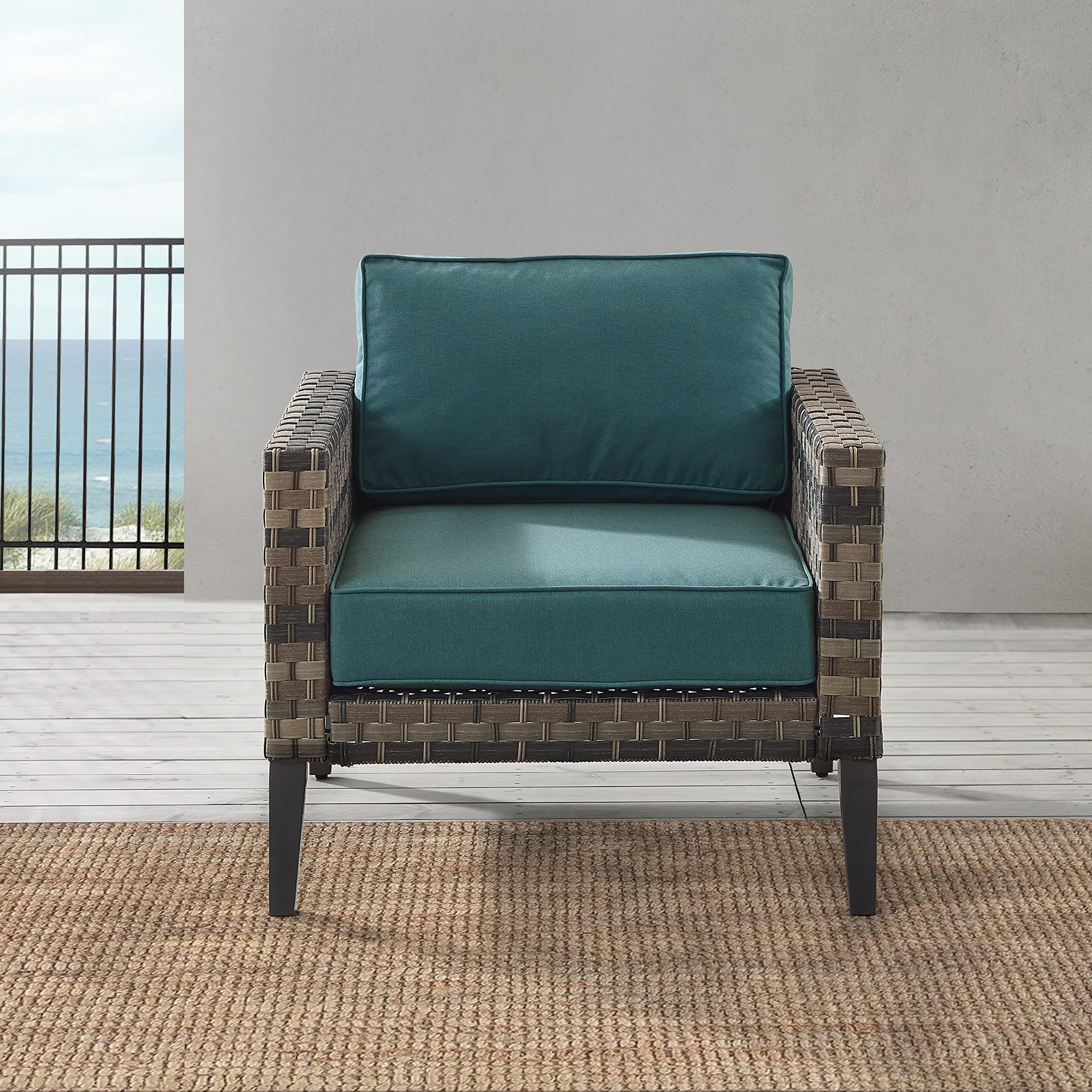 Crosley Prescott Outdoor Wicker Patio Chair with Mineral Blue Cushions - Brown All-Weather Furniture for Porch, Deck, Balcony & Backyard - Perfect for Relaxing, Sunbathing & Outdoor Entertaining