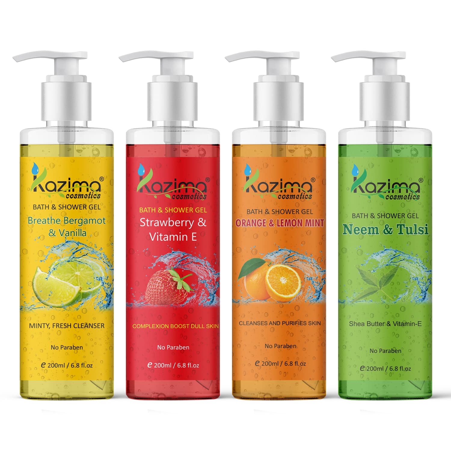 KAZIMA Luxury Bath & Shower Gel Set - Bergamot Vanilla, Strawberry Vitamin E, Orange Lemon Mint, Neem Tulsi (4 x 200ml) | Moisturizing Body Wash for Relaxation, Spa Day & Daily Skincare Routine