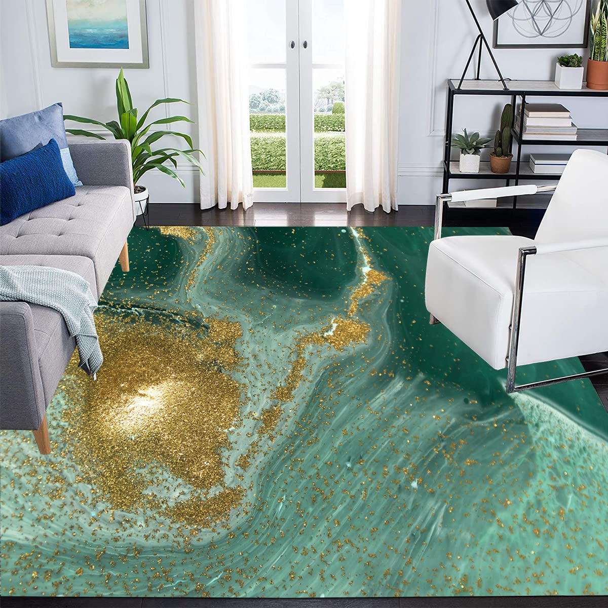 Ocean Theme Green Gold Liquid Modern Abstract Area Rug 7x10 - Thick Soft Washable Retro Accent Carpet for Living Room, Bedroom, Dining Room & Kitchen - Perfect for Farmhouse, Laundry Room & Indoor Floor Decor