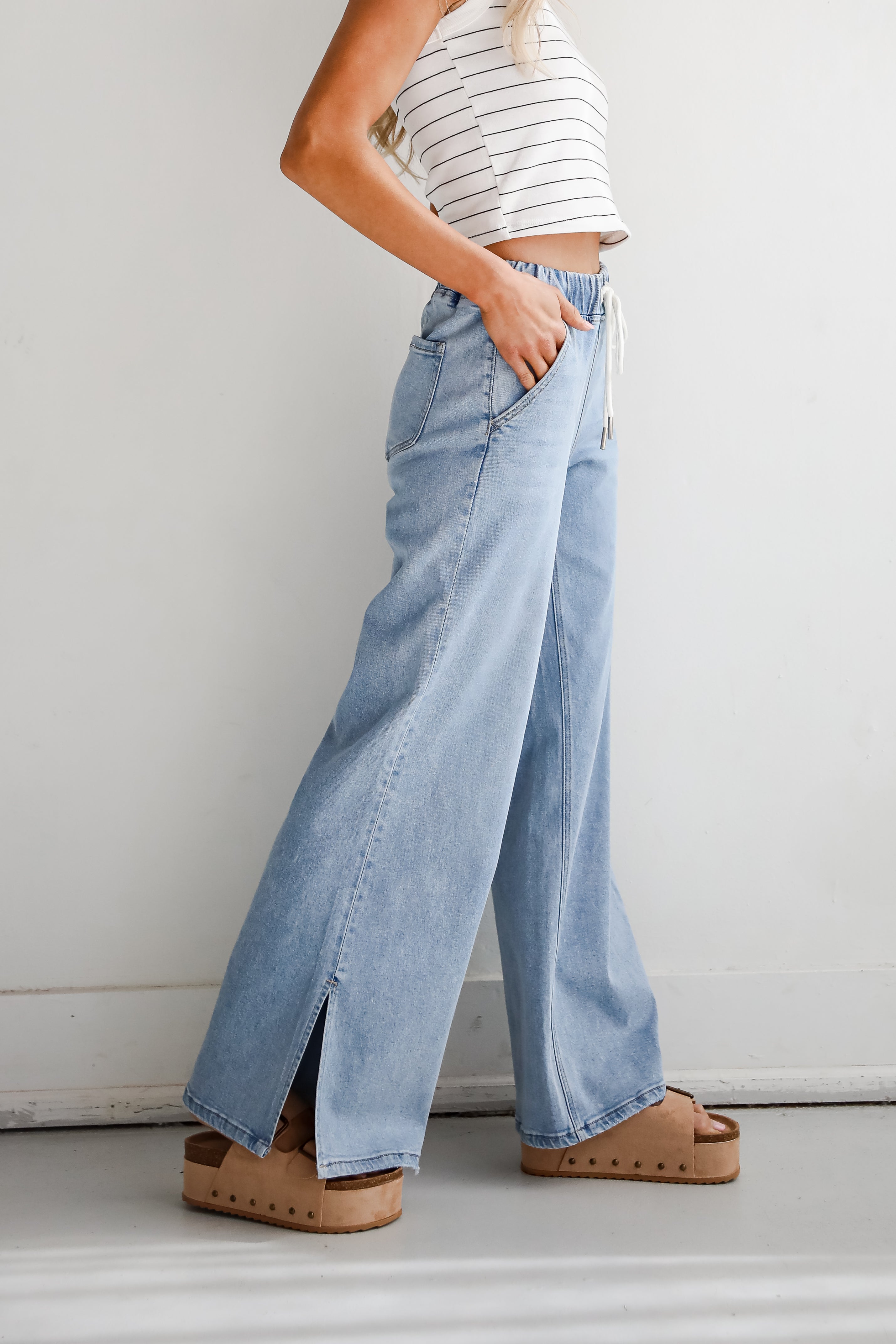 Carla Light Wash High Rise Drawstring Waist Wide Leg Jeans for Women - Comfortable Stretch Denim Pants for Casual Wear & Everyday Outfits