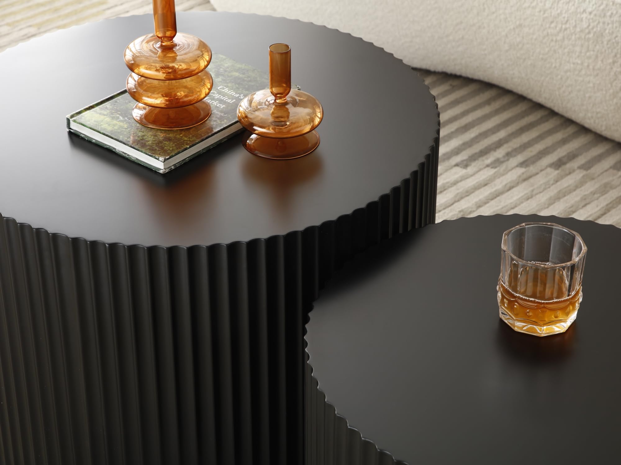 HMFULE 2-Piece Round Nesting Coffee Table Set - Modern Drum Cocktail & End Table for Living Room - Matte Black - Perfect for Small Spaces, Lounge & Home Decor