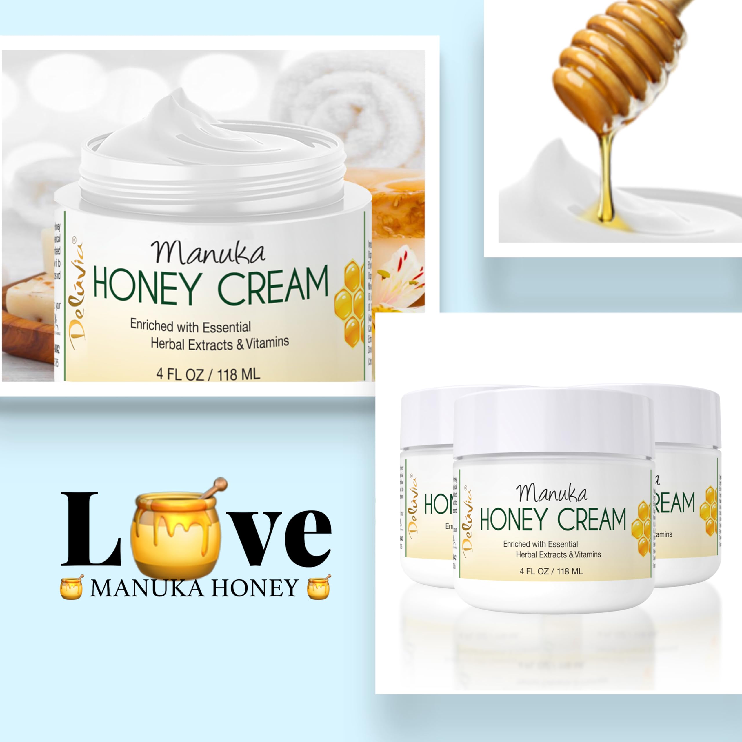 Deluvia Manuka Honey Cream - Hydrating & Soothing Moisturizer for Face & Body | Sensitive Skin Care for Eczema, Psoriasis & Dermatitis | 4 oz | Perfect for Daily Skincare & Dry Skin Relief