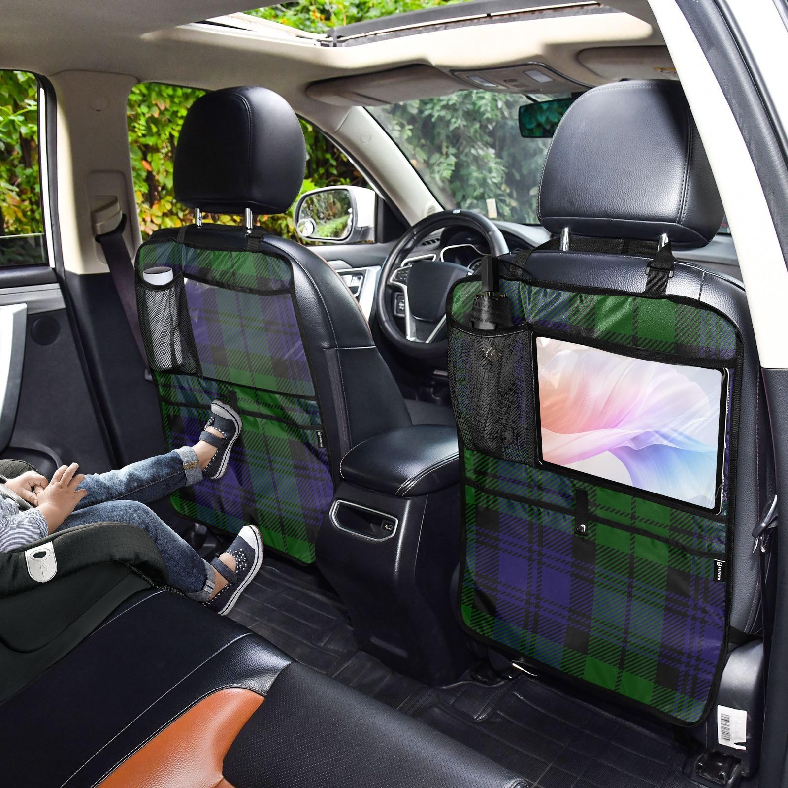 Aflyko Car Seat Back Organizer - Tartan Plaid Green & Blue with Pockets, Kick Mat & Backseat Protector - 1 Pack | Perfect for Road Trips, Family Travel & Keeping Your Vehicle Clean