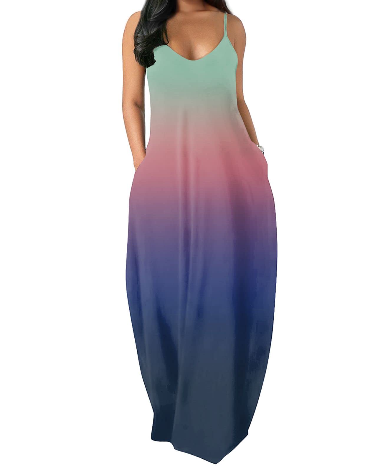 OFEEFAN Women's Summer Maxi Dress - Flowy Spaghetti Strap Sundress with Pockets | Beach Cover Up, Vacation Outfit, Casual Day Dress