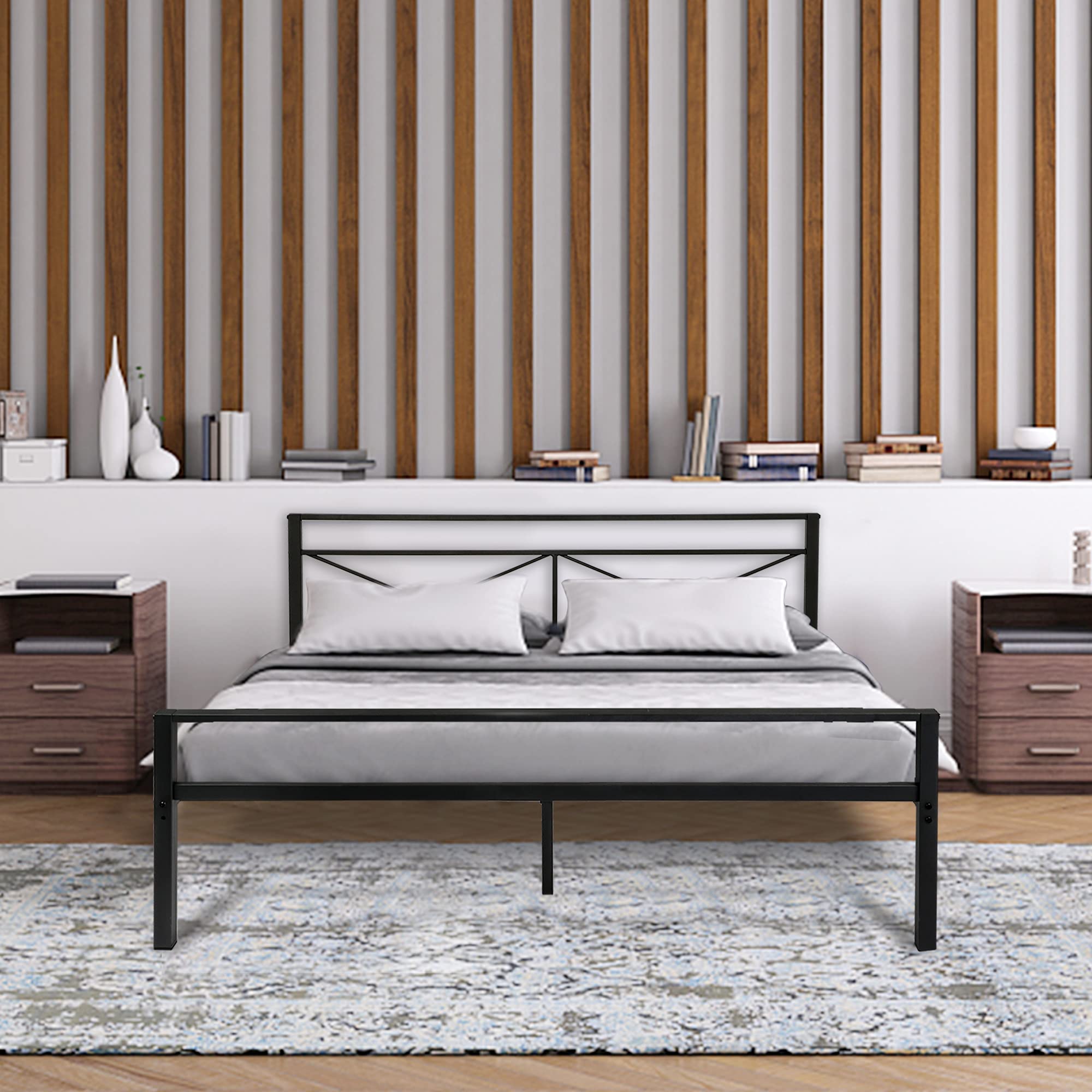 LUCKYERMORE Queen Size Metal Platform Bed Frame with Headboard - Anti-Rust, Anti-Slip Support, Sturdy Black Bed Frame for Bedroom, Guest Room, or Dorm - Easy Assembly & Modern Design