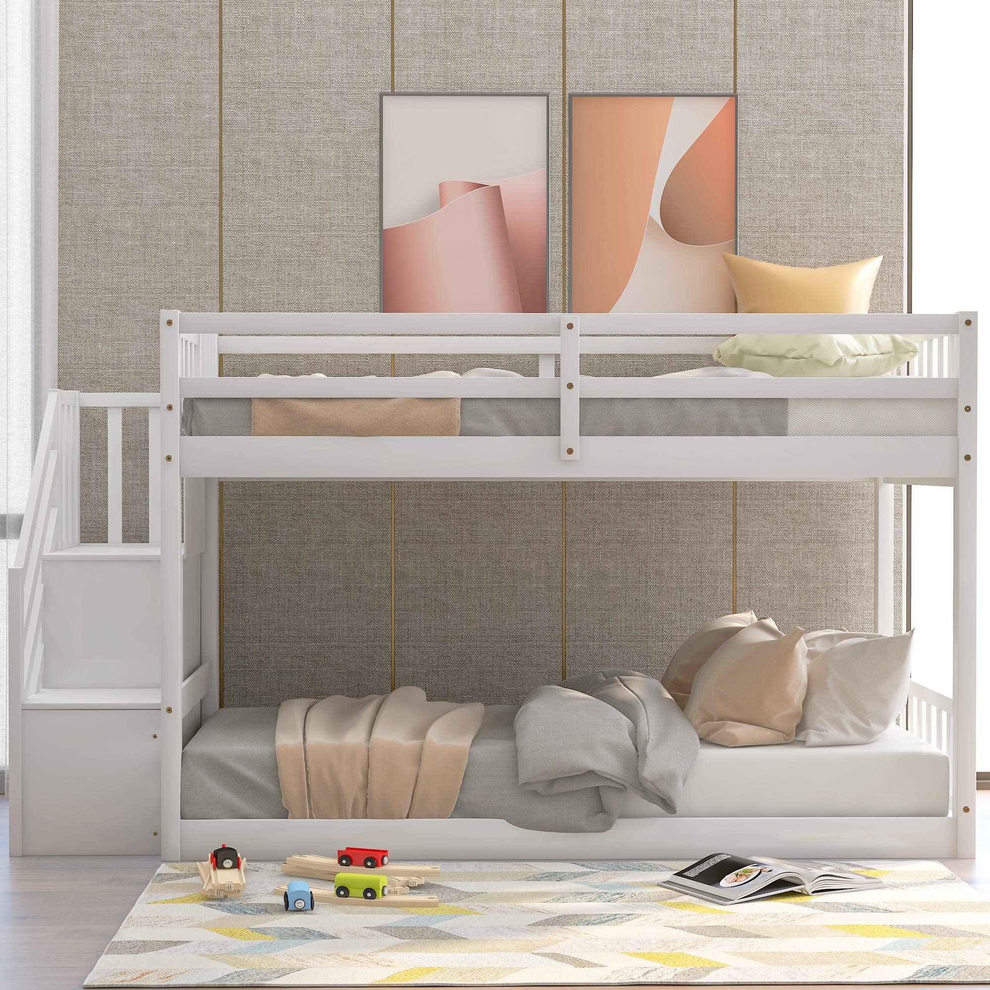 Twin Size Bunk Bed with Storage Staircase for Kids & Teens - Space-Saving White Bunk Bed, No Box Spring Needed - Perfect for Small Bedrooms, Guest Rooms & Dormitories