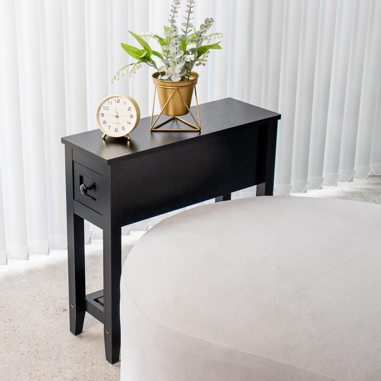 Slim Black Narrow End Table with Drawer - Space Saving Nightstand Set of 2 - Modern Side Table for Bedroom, Living Room & Small Spaces - Perfect as Couch Table, Night Stand or Apartment Furniture